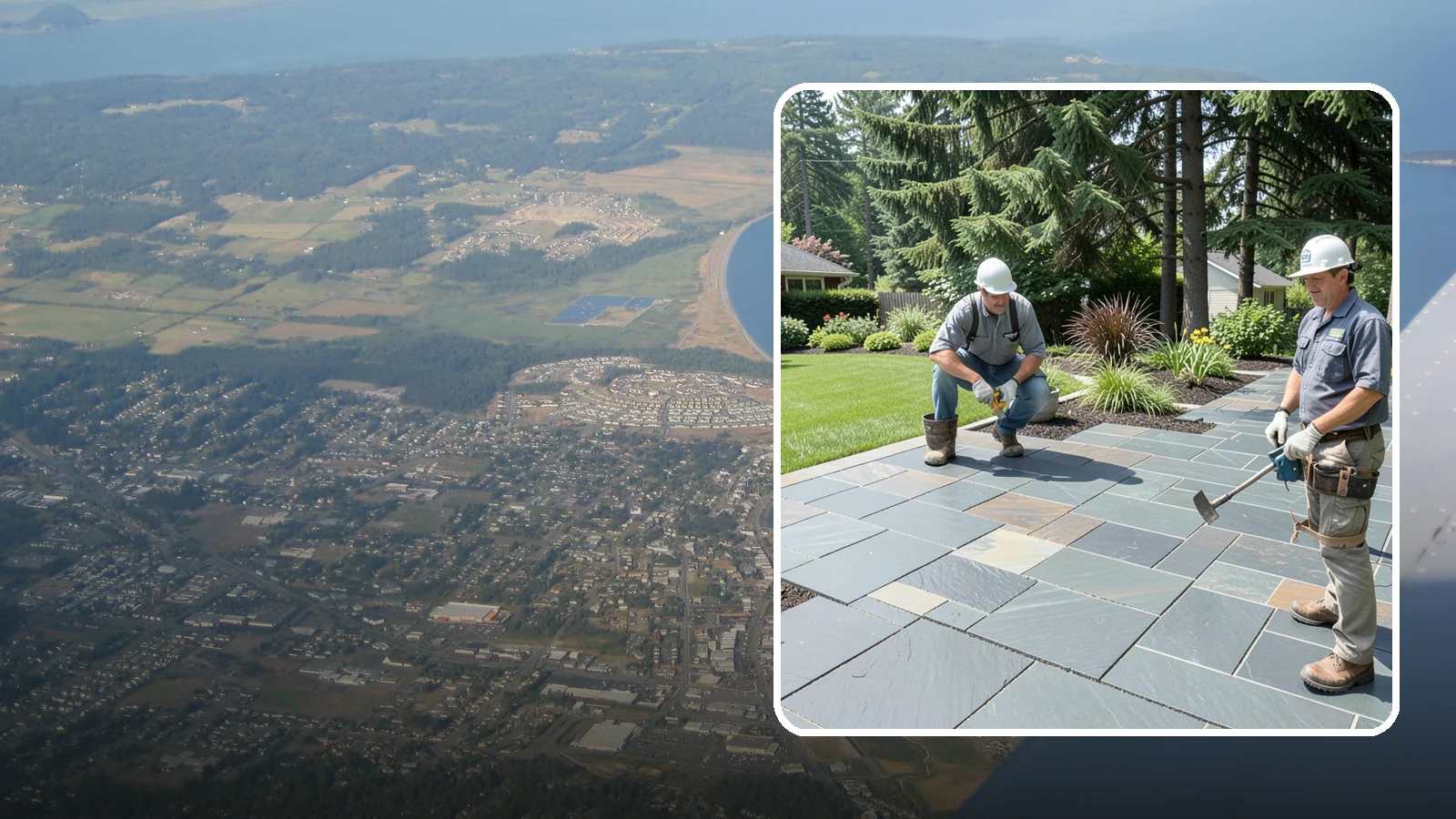 Slate Paver Installation in Oak Harbor, Island County, WA - Fine-grained slate pavers in deep charcoal and multicolor tones, offering a sleek, textured surface for refined Northwest patios.
