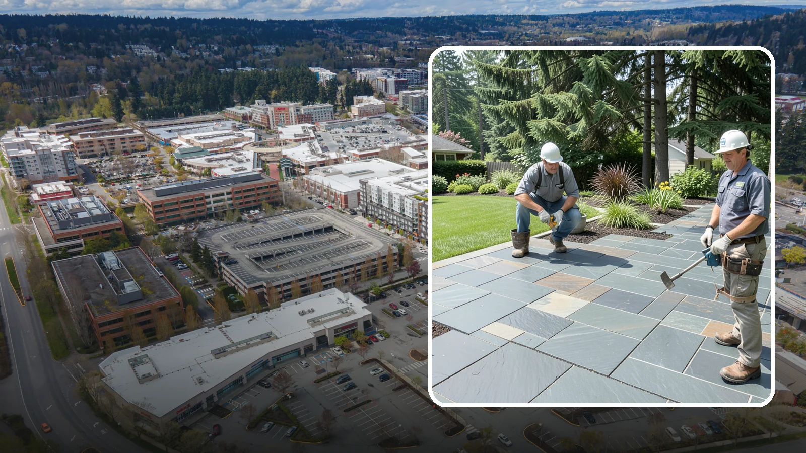 Slate Paver Installation in Redmond, King County, WA - Fine-grained slate pavers in deep charcoal and multicolor tones, offering a sleek, textured surface for refined Northwest patios.