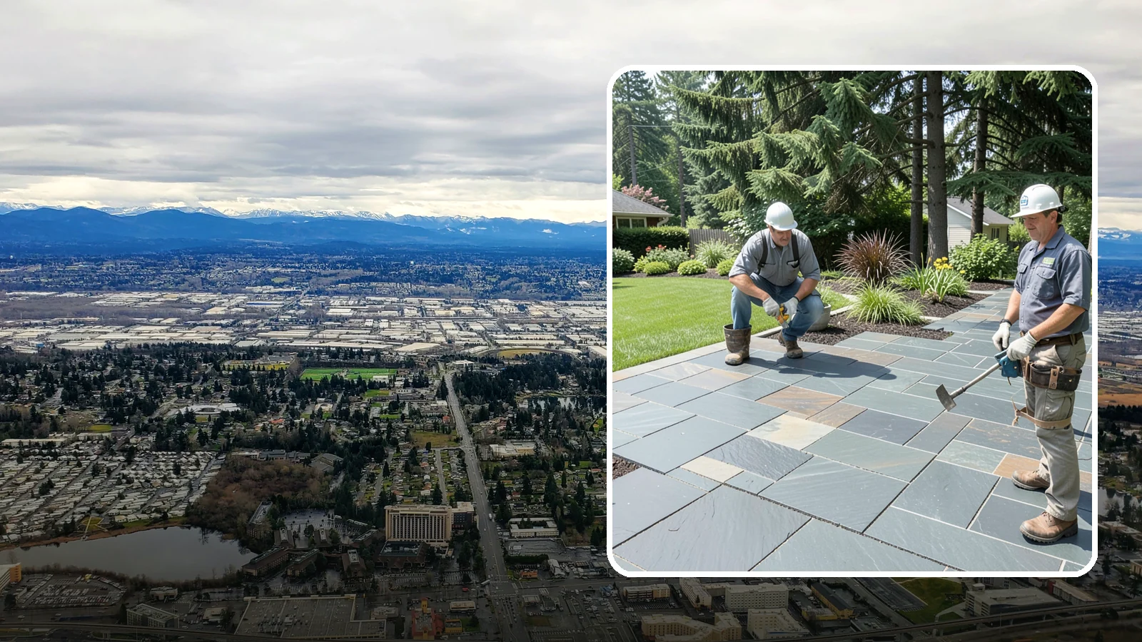 Slate Paver Installation in SeaTac, King County, WA - Fine-grained slate pavers in deep charcoal and multicolor tones, offering a sleek, textured surface for refined Northwest patios.