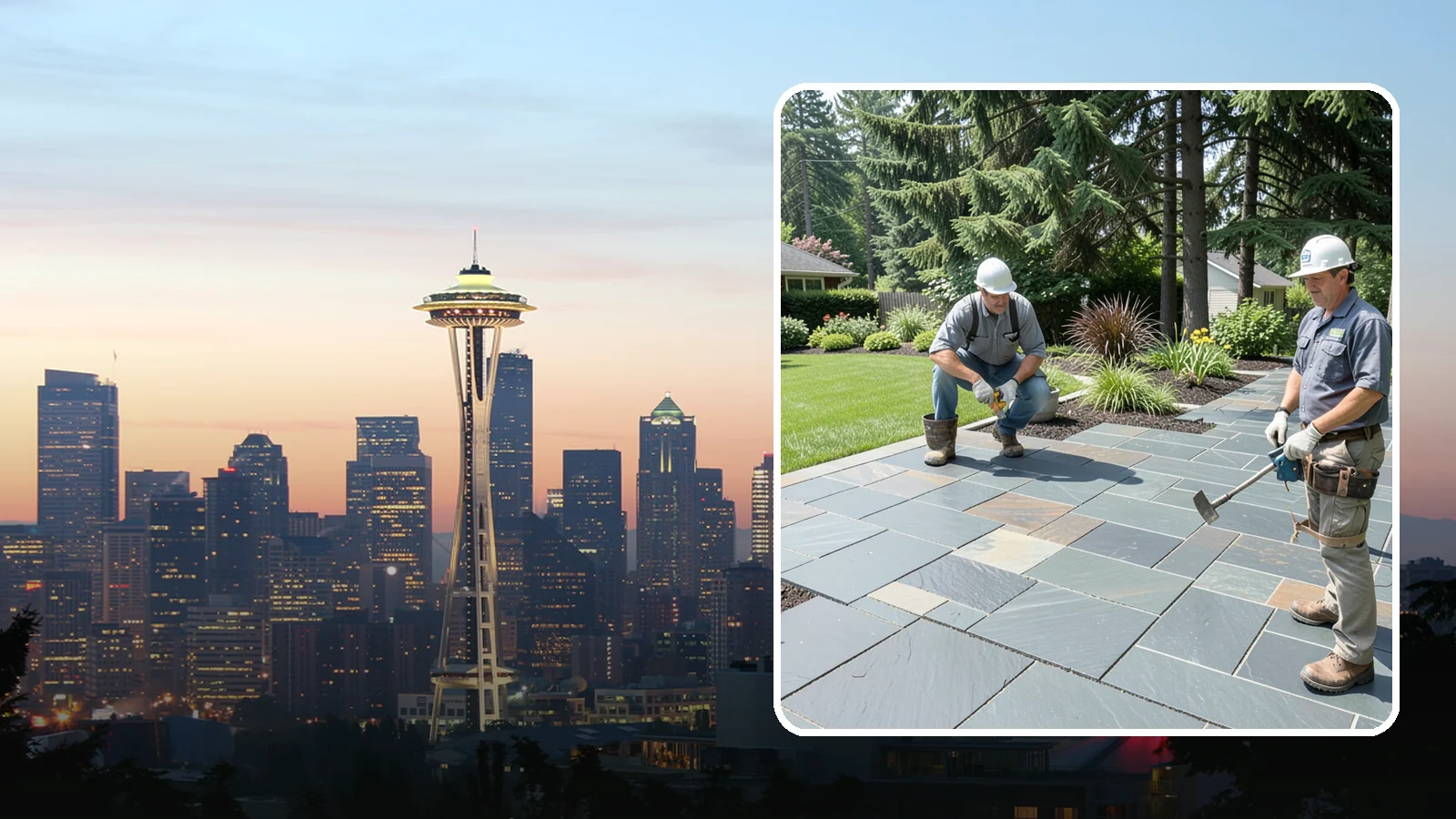 Slate Paver Installation in Seattle, King County, WA - Fine-grained slate pavers in deep charcoal and multicolor tones, offering a sleek, textured surface for refined Northwest patios.