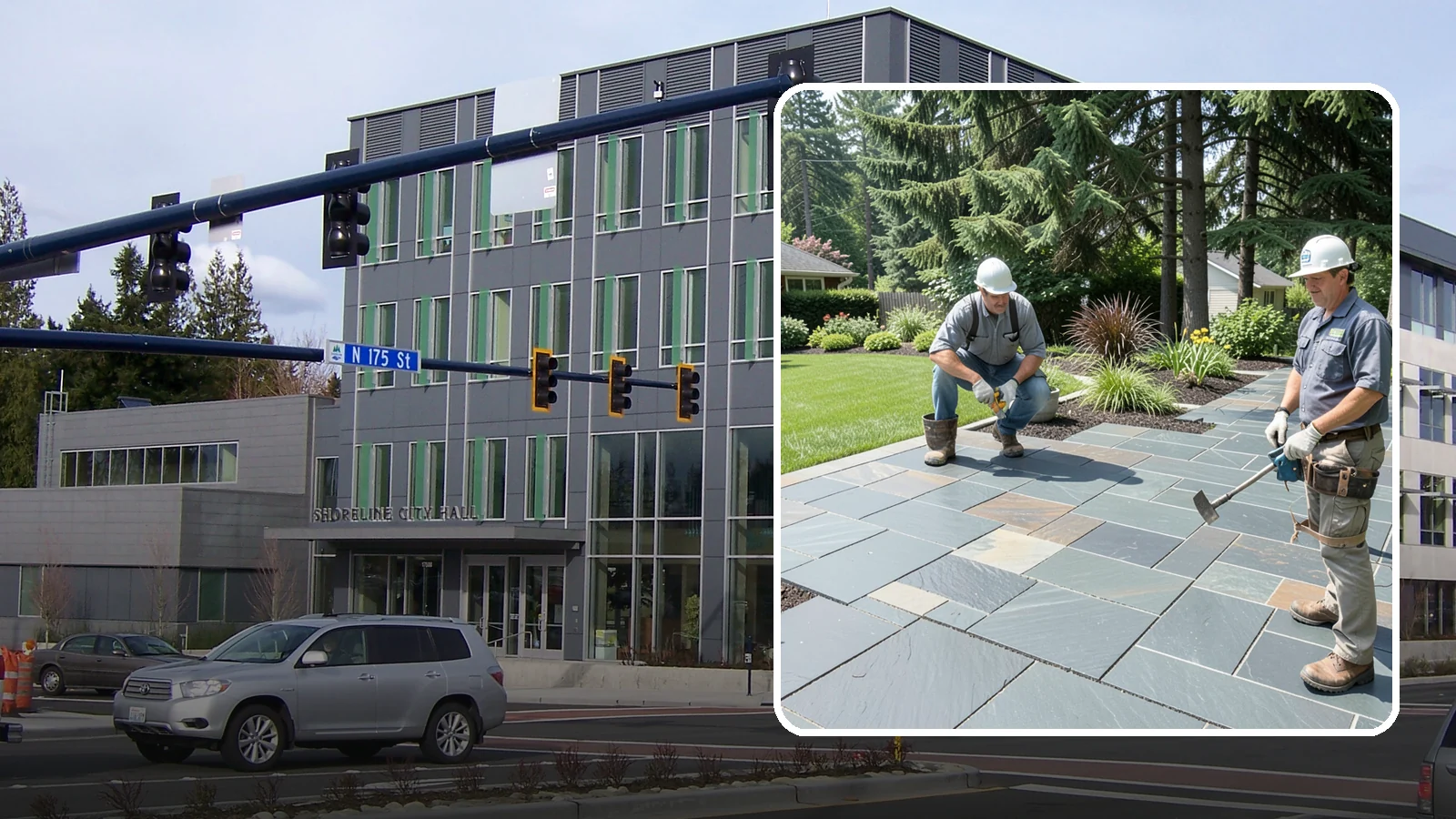Slate Paver Installation in Shoreline, King County, WA - Fine-grained slate pavers in deep charcoal and multicolor tones, offering a sleek, textured surface for refined Northwest patios.