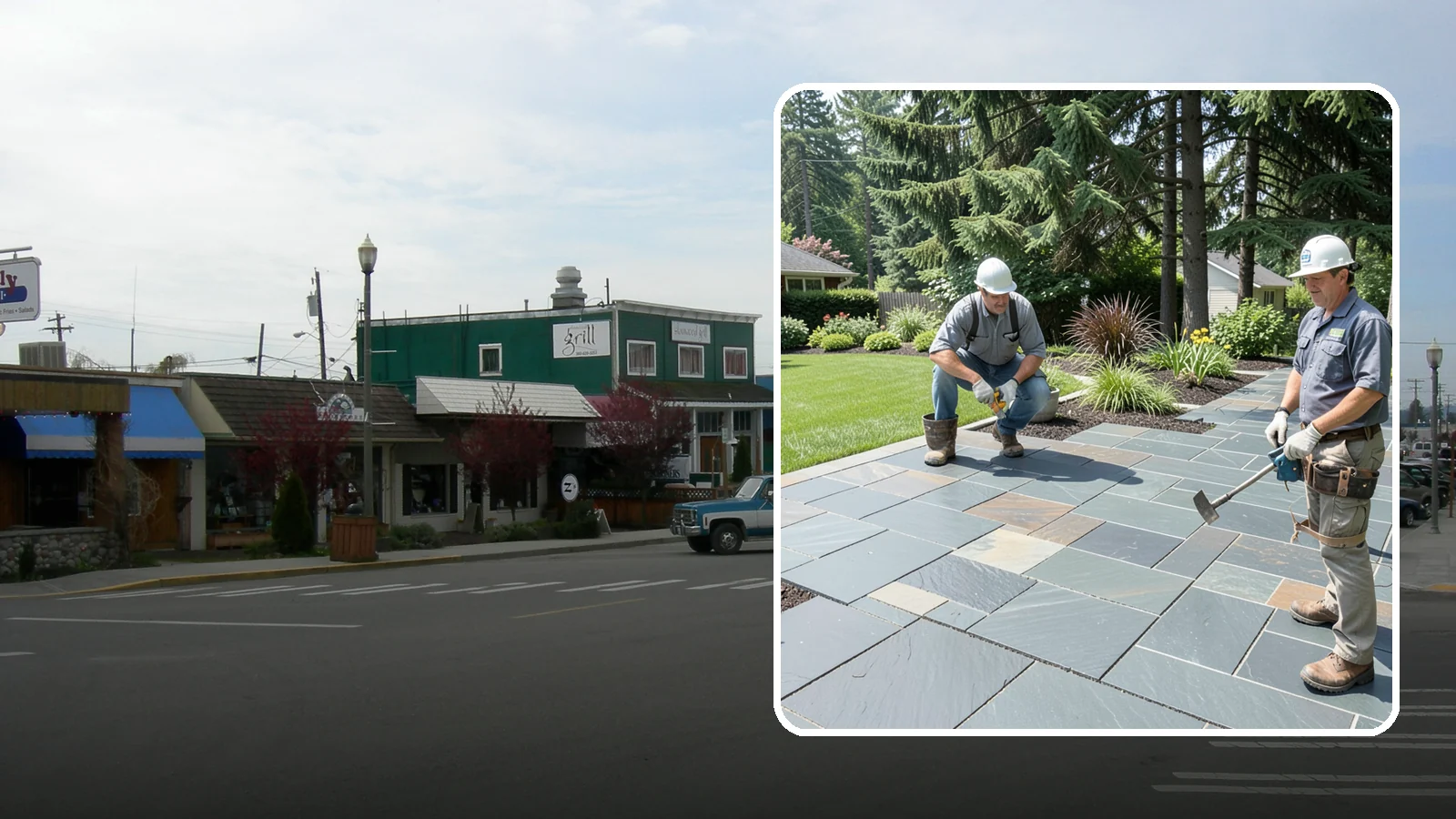Slate Paver Installation in Stanwood, Snohomish County, WA - Fine-grained slate pavers in deep charcoal and multicolor tones, offering a sleek, textured surface for refined Northwest patios.