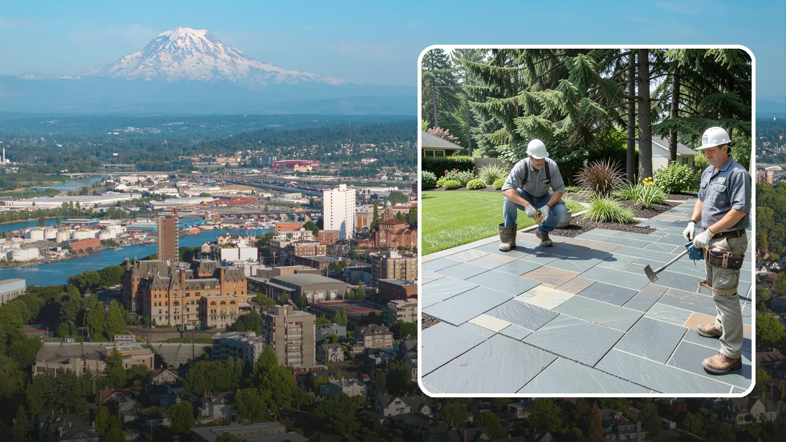 Slate Paver Installation in Tacoma, Pierce County, WA - Fine-grained slate pavers in deep charcoal and multicolor tones, offering a sleek, textured surface for refined Northwest patios.