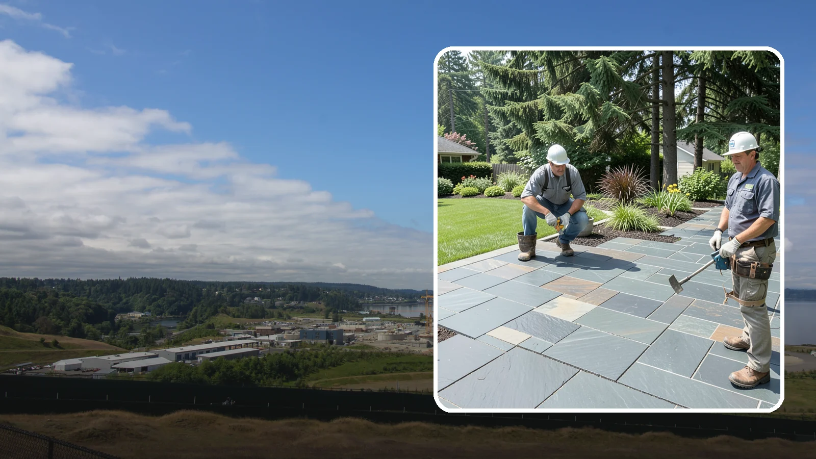 Slate Paver Installation in University Place, Pierce County, WA - Fine-grained slate pavers in deep charcoal and multicolor tones, offering a sleek, textured surface for refined Northwest patios.