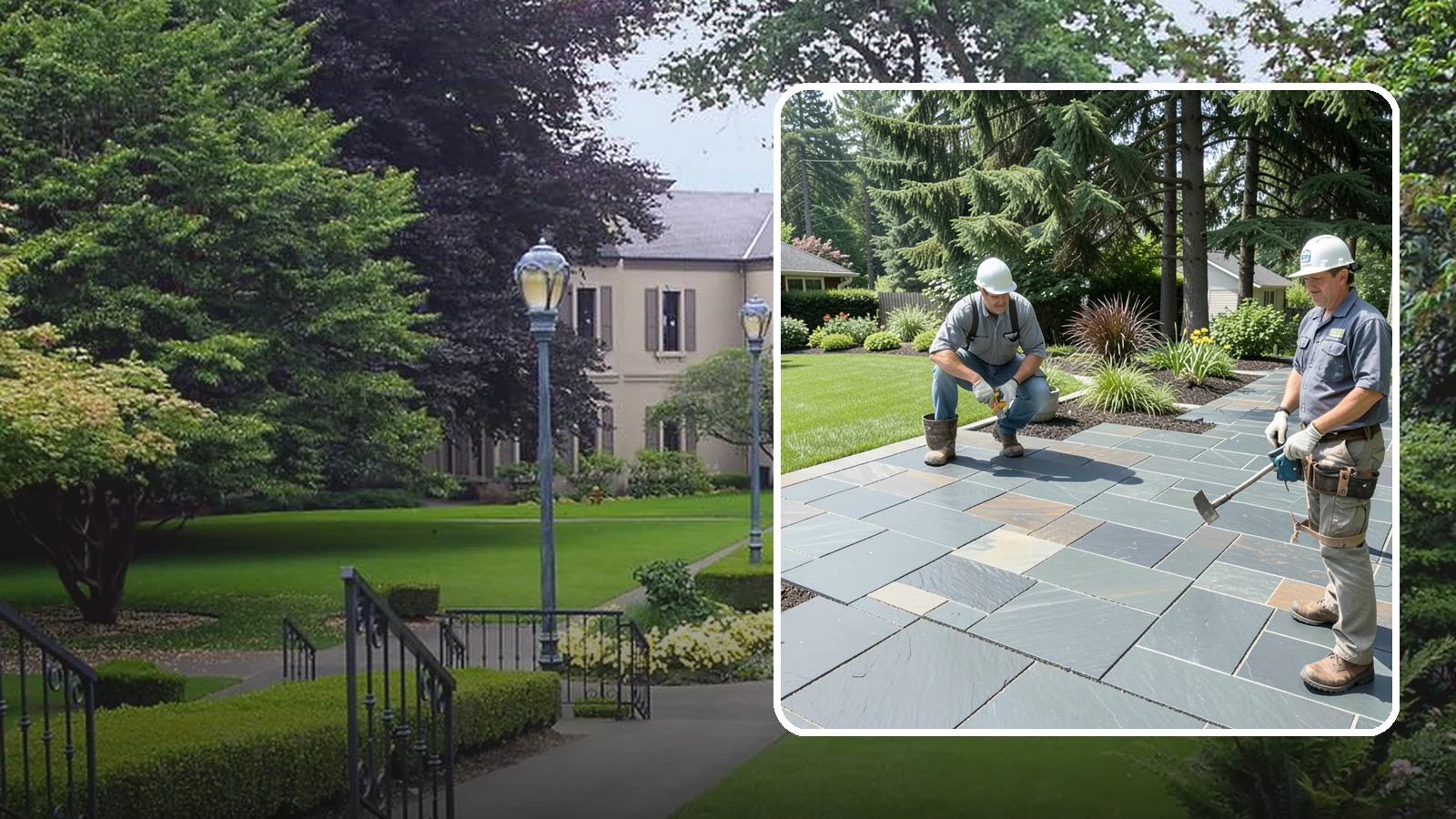 Slate Paver Installation in Woodinville, King County, WA - Fine-grained slate pavers in deep charcoal and multicolor tones, offering a sleek, textured surface for refined Northwest patios.