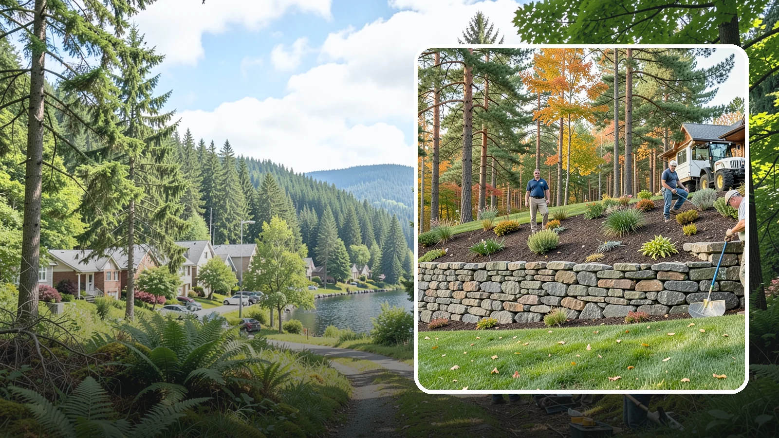 Stacked Stone Retaining Wall in Lake Forest Park, King County, WA - A dry-stacked stone wall built without mortar, delivering rustic charm and natural drainage for garden-height PNW slopes.