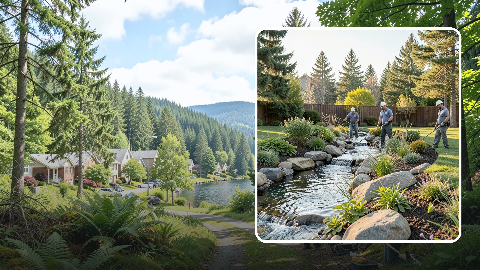 Stream Installation in Lake Forest Park, King County, WA - Meandering garden streams that wind through the landscape with the natural sound of flowing water.