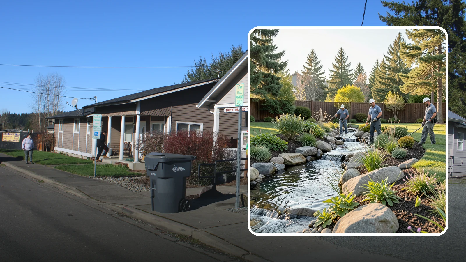 Stream Installation in South Prairie, Pierce County, WA - Meandering garden streams that wind through the landscape with the natural sound of flowing water.