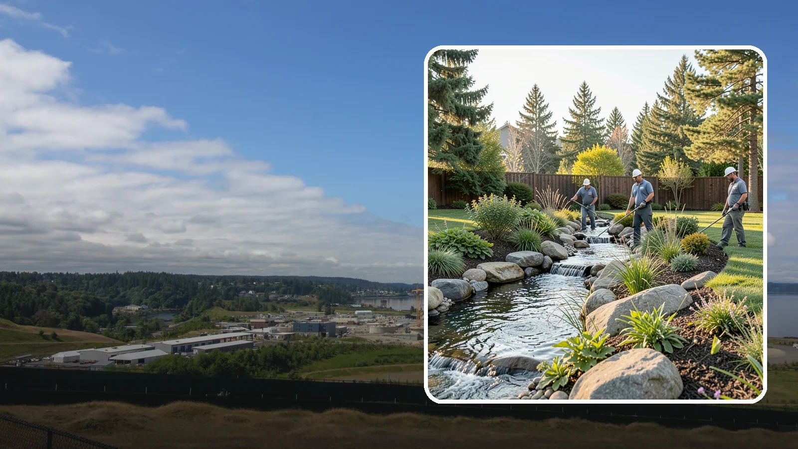 Stream Installation in University Place, Pierce County, WA - Meandering garden streams that wind through the landscape with the natural sound of flowing water.