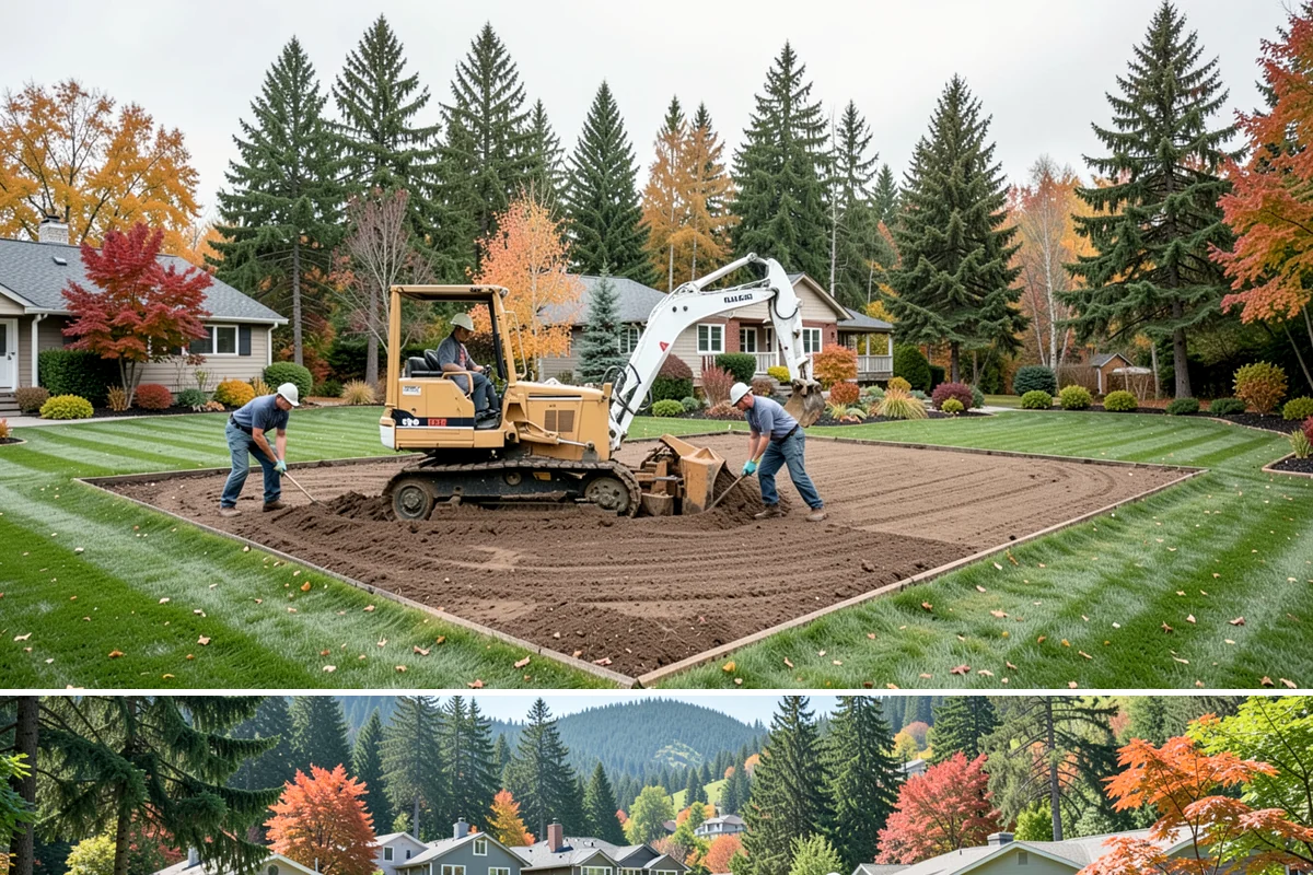 Surface Drainage Solution in Fircrest, Pierce County, WA - Ideal in late spring through early fall when soil is workable for regrading and new turf can establish before winter rains.