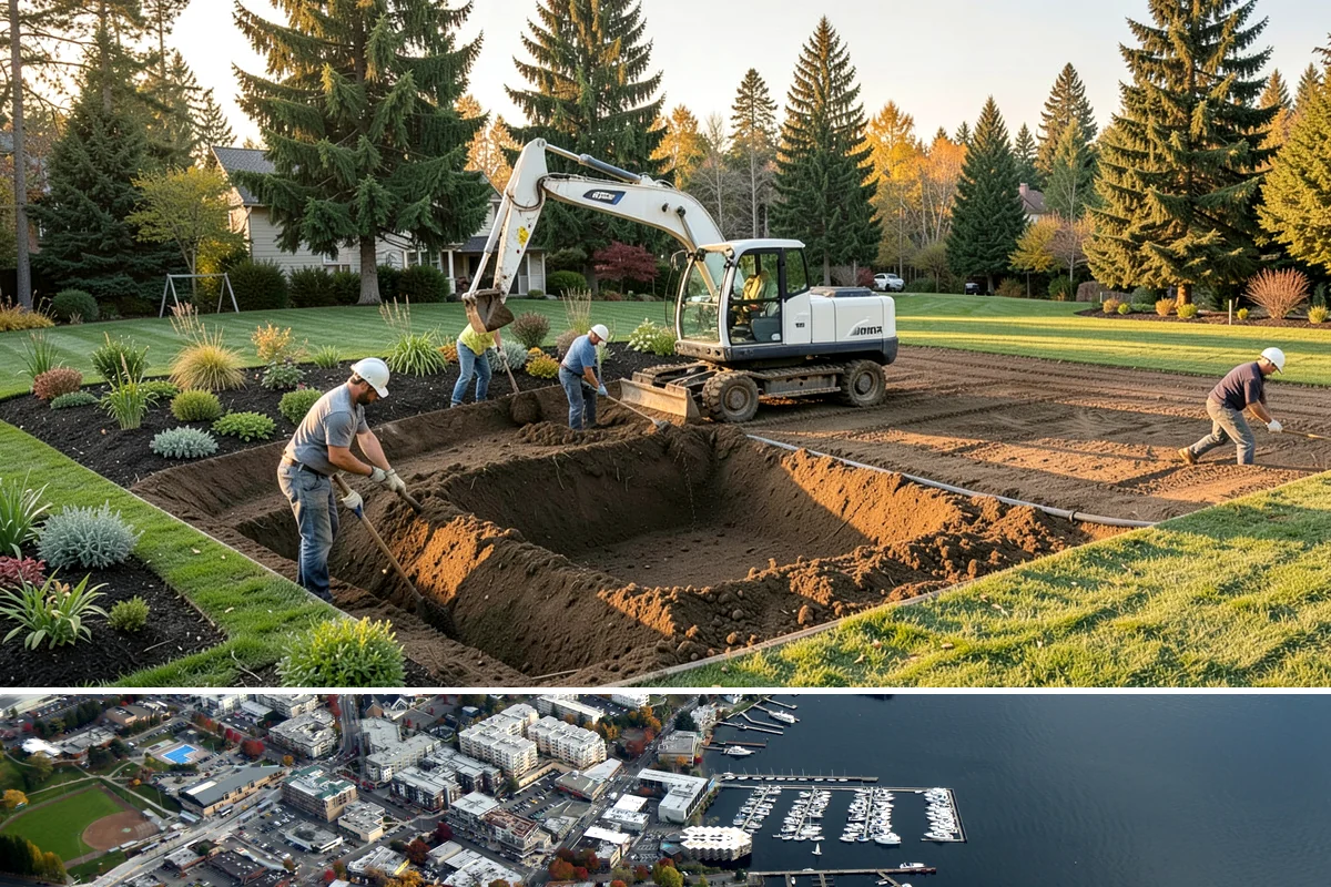 Surface Drainage Solution in Kirkland, King County, WA - Ideal in late spring through early fall when soil is workable for regrading and new turf can establish before winter rains.