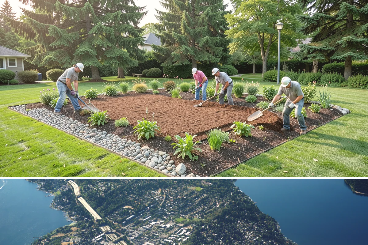 Swale Installation in Mercer Island, King County, WA - Best built in early fall or spring so plantings establish during the wet season and stabilize the channel before heavy flows.