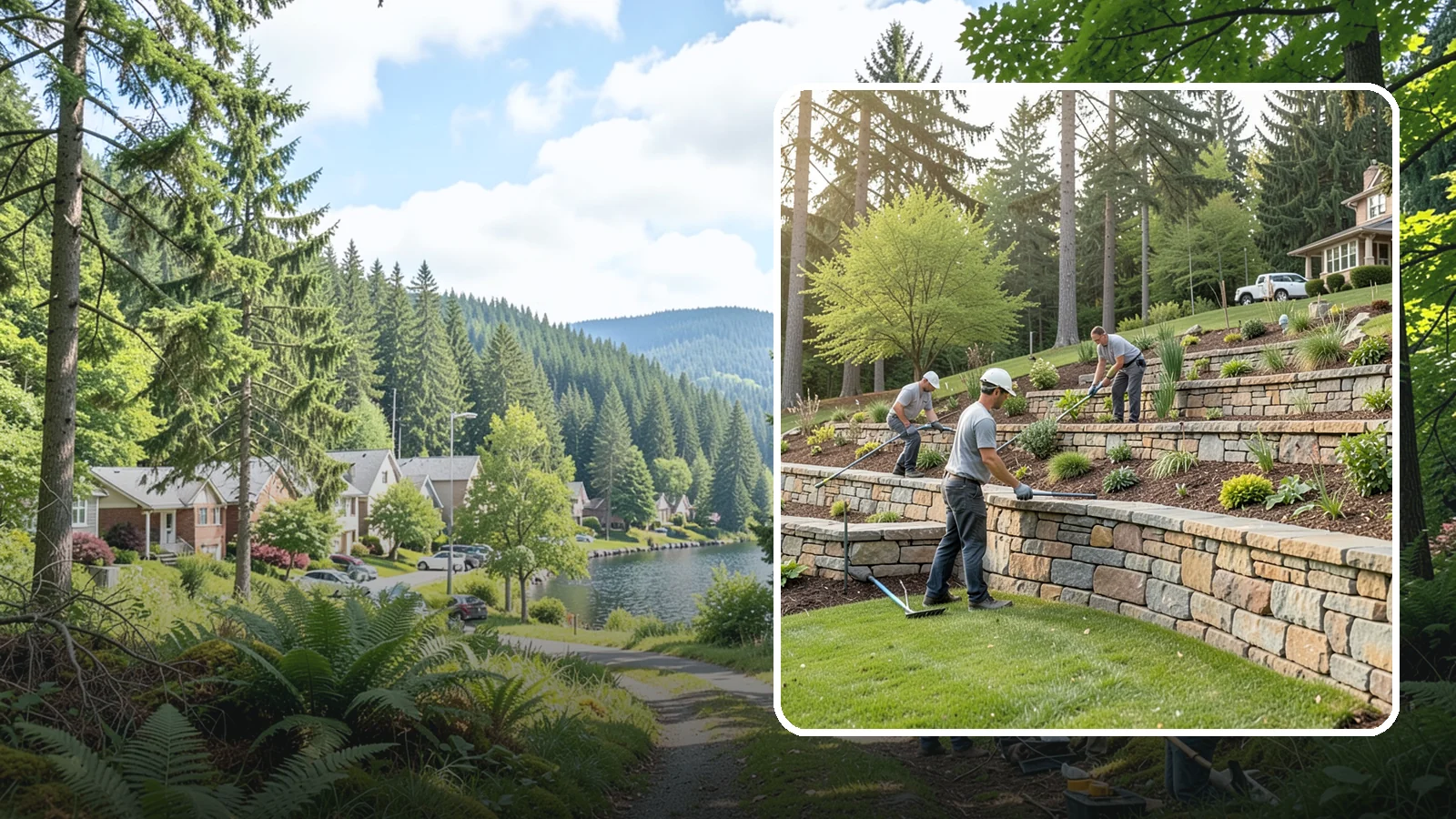 Terracing in Lake Forest Park, King County, WA - Terraced landscaping that transforms steep, unusable slopes into level, plantable, usable tiers.