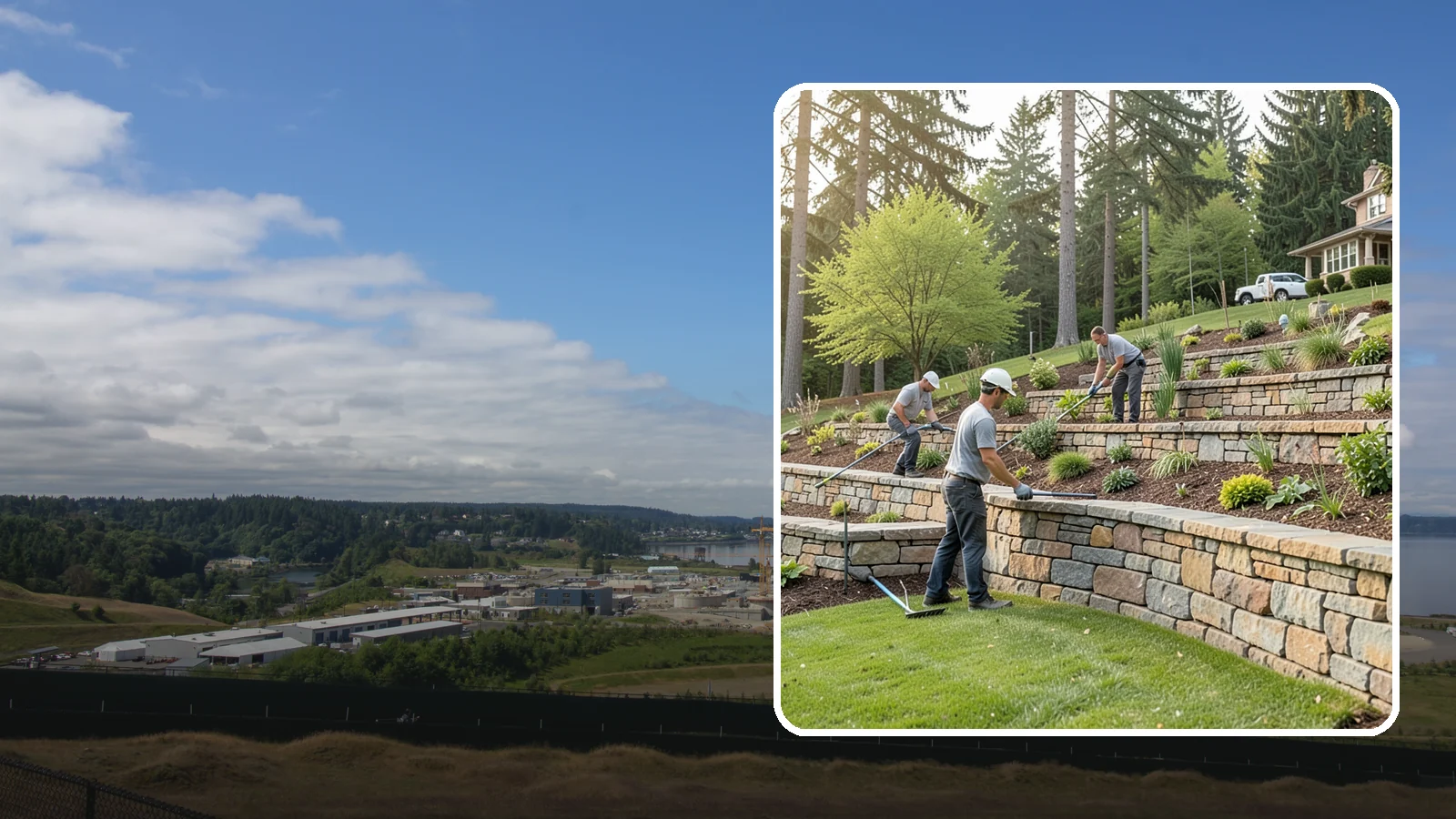 Terracing in University Place, Pierce County, WA - Terraced landscaping that transforms steep, unusable slopes into level, plantable, usable tiers.