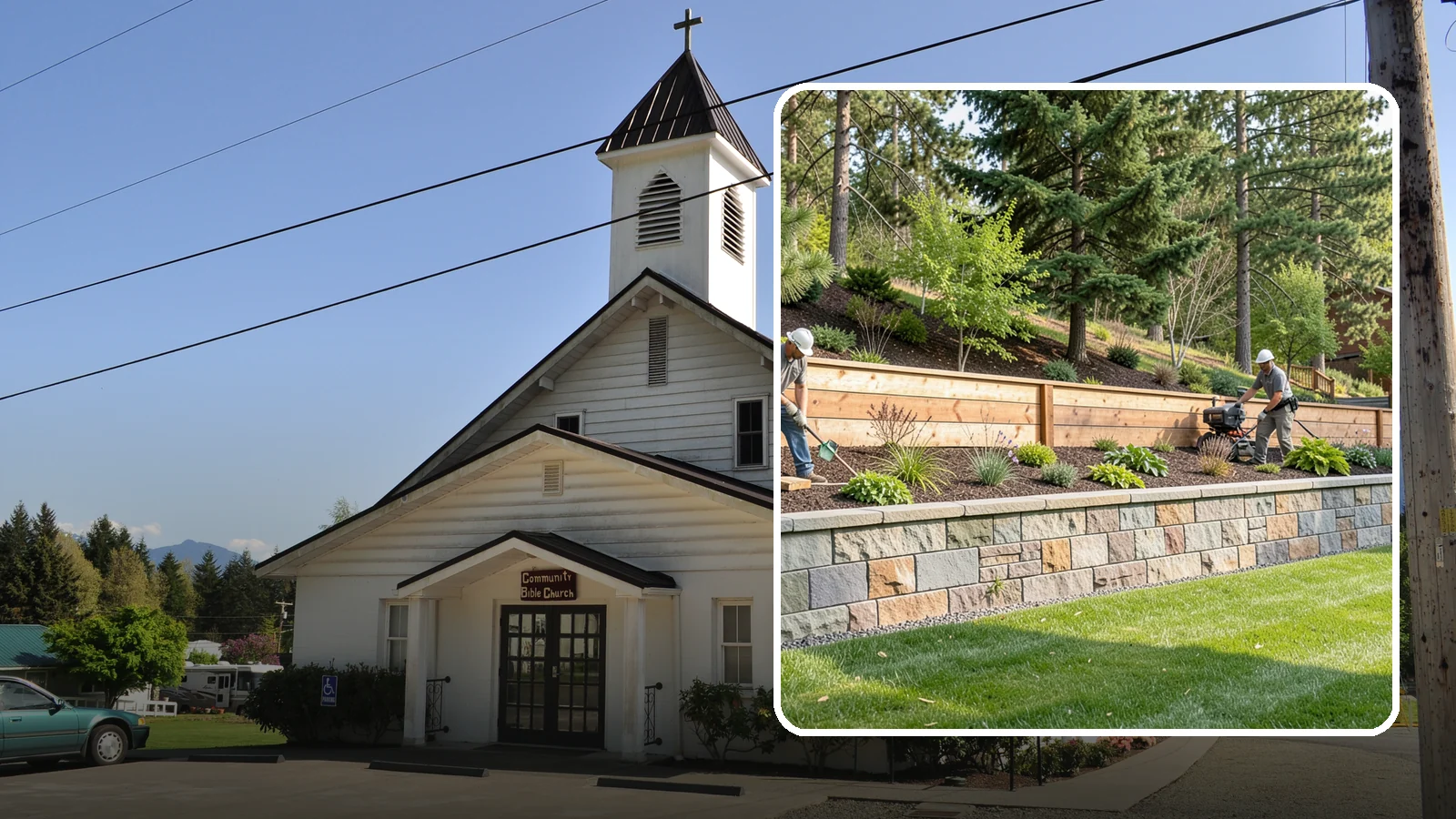 Timber Retaining Wall in Concrete, Skagit County, WA - A warm, budget-friendly wall built from pressure-treated timbers, well suited to short and mid-height slopes in Northwest yards.