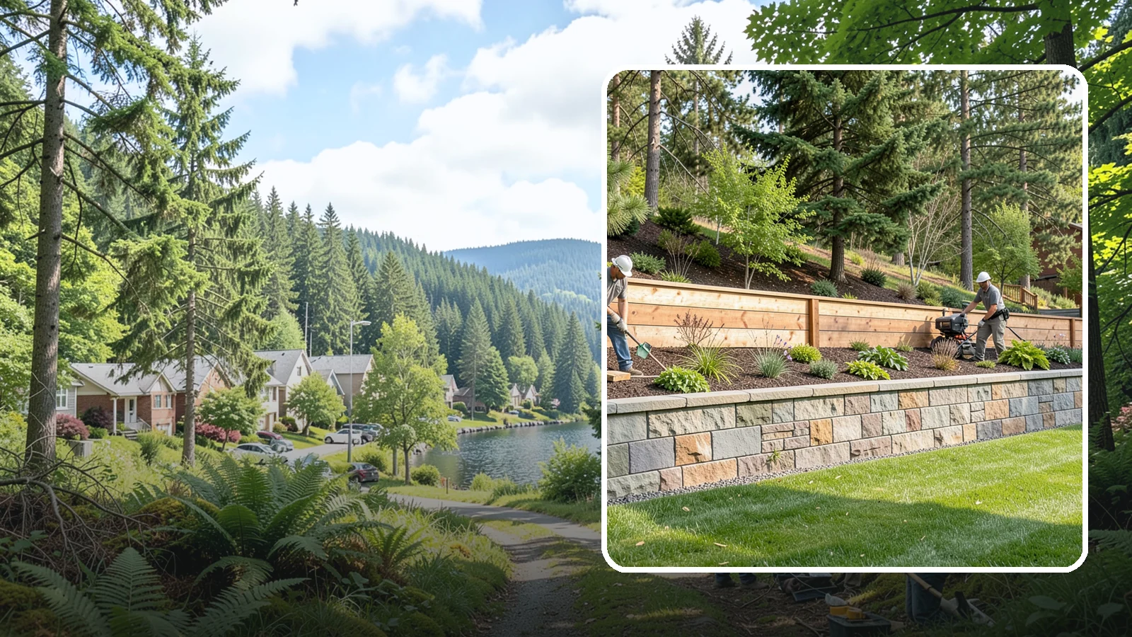 Timber Retaining Wall in Lake Forest Park, King County, WA - A warm, budget-friendly wall built from pressure-treated timbers, well suited to short and mid-height slopes in Northwest yards.