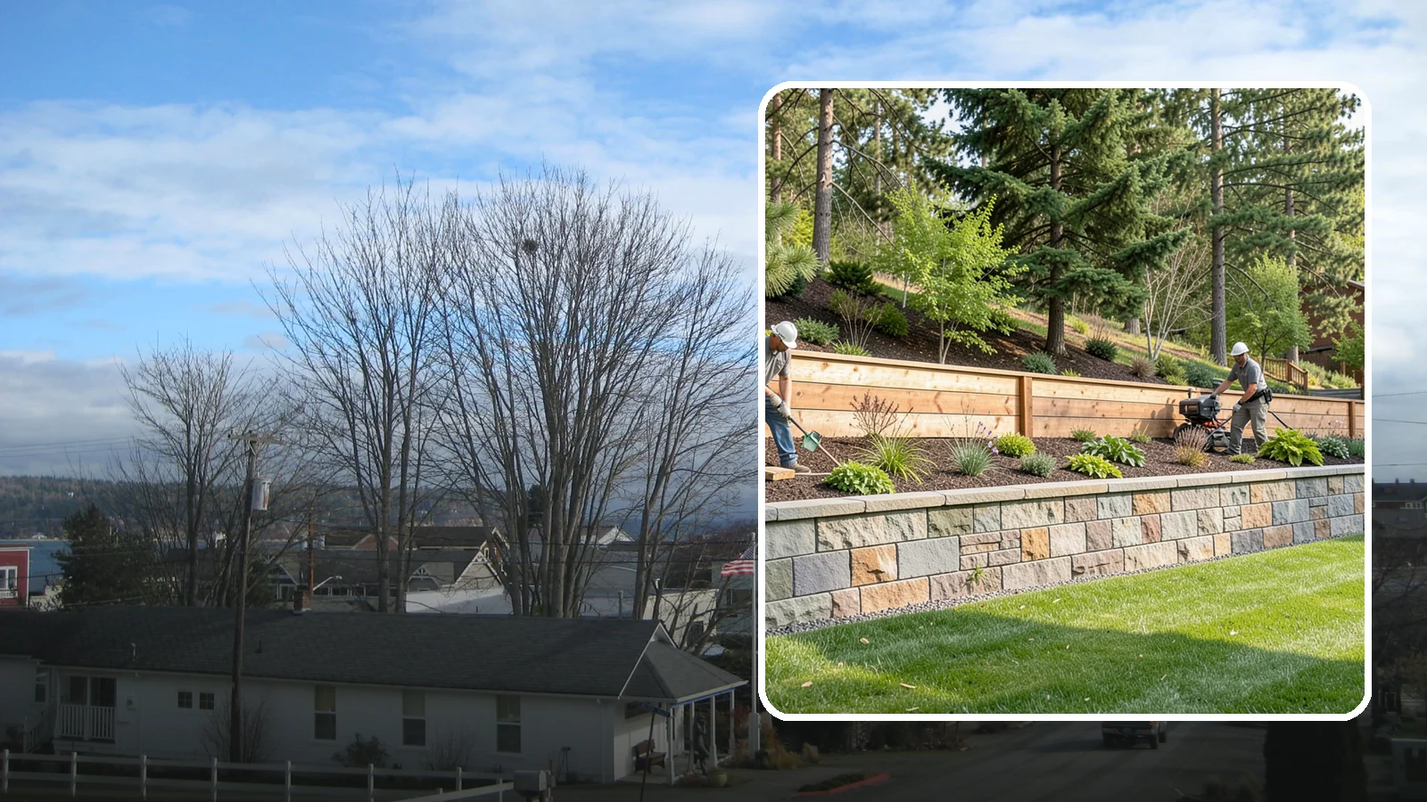 Timber Retaining Wall in Langley, Island County, WA - A warm, budget-friendly wall built from pressure-treated timbers, well suited to short and mid-height slopes in Northwest yards.
