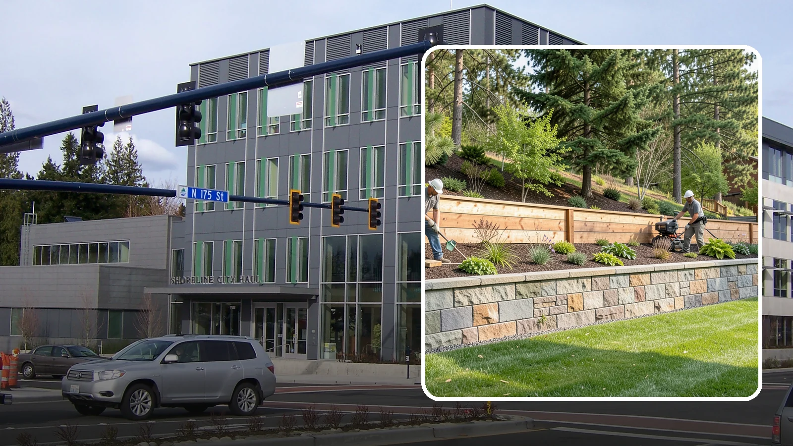Timber Retaining Wall in Shoreline, King County, WA - A warm, budget-friendly wall built from pressure-treated timbers, well suited to short and mid-height slopes in Northwest yards.