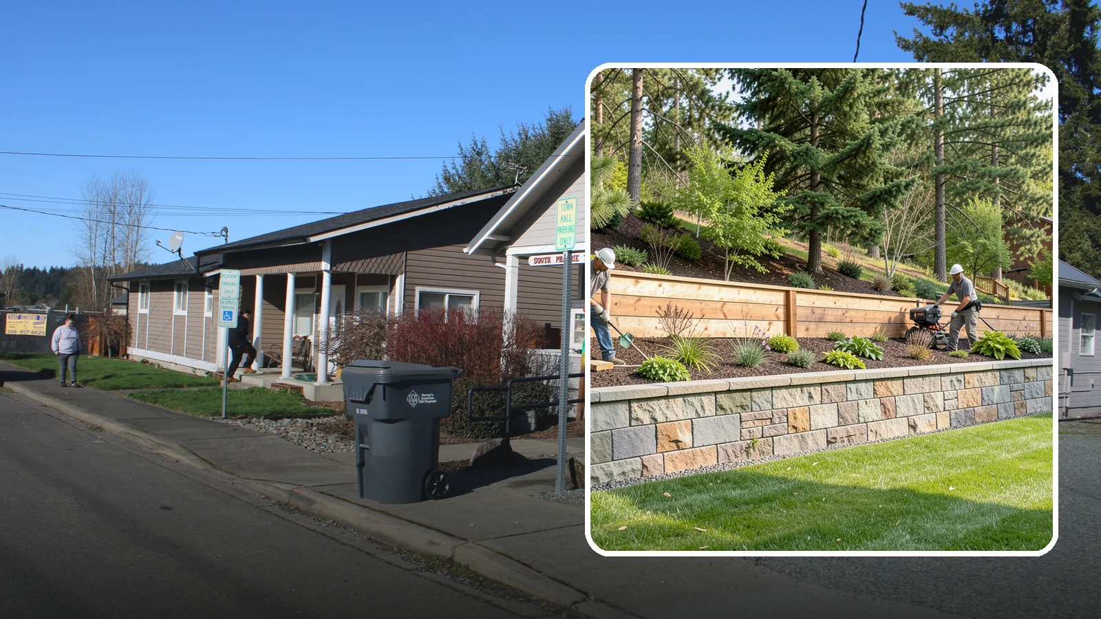 Timber Retaining Wall in South Prairie, Pierce County, WA - A warm, budget-friendly wall built from pressure-treated timbers, well suited to short and mid-height slopes in Northwest yards.