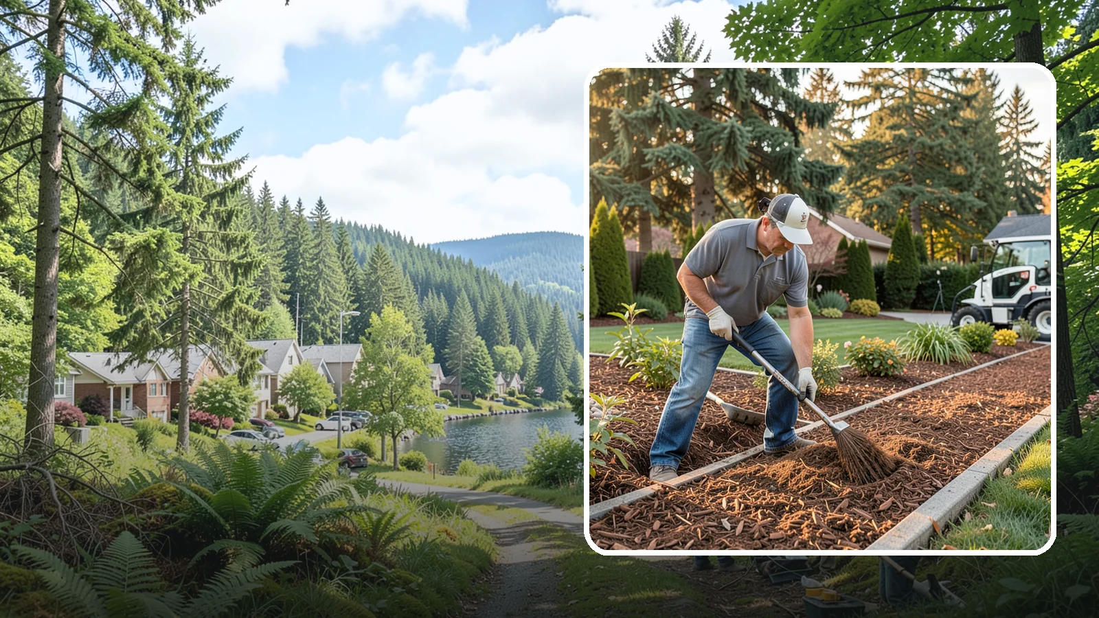 Tree Mulching in Lake Forest Park, King County, WA - Correct mulching around trees that conserves moisture, feeds the soil, and never smothers the trunk.