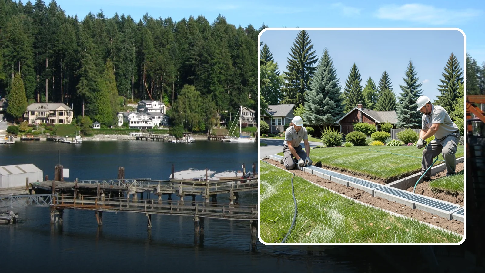 Trench Drain Installation in Gig Harbor, Pierce County, WA - We build wide trench drain systems to collect and divert high-volume runoff along driveways, walkways, and low-lying yard...