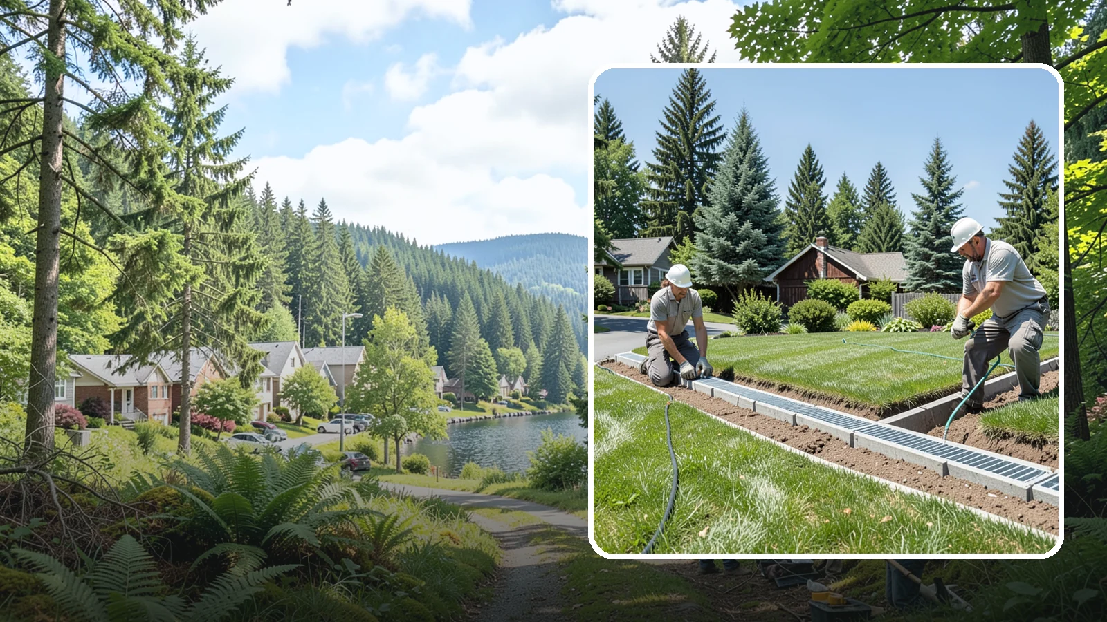 Trench Drain Installation in Lake Forest Park, King County, WA - We build wide trench drain systems to collect and divert high-volume runoff along driveways, walkways, and low-lying yard...