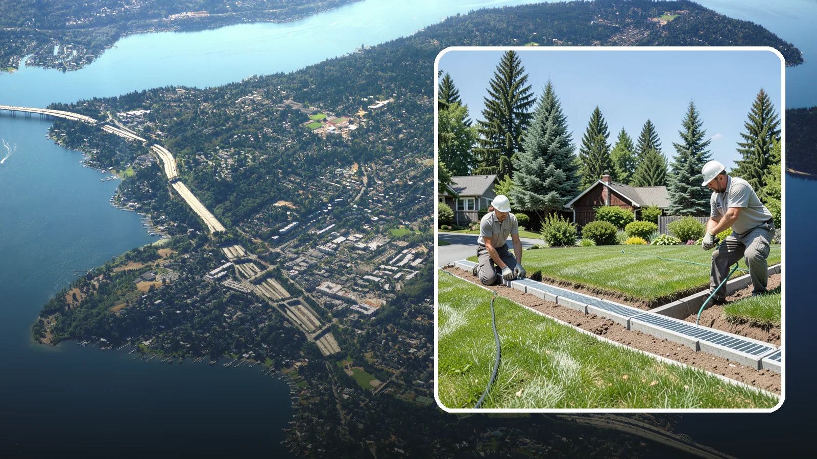 Trench Drain Installation in Mercer Island, King County, WA - We build wide trench drain systems to collect and divert high-volume runoff along driveways, walkways, and low-lying yard...