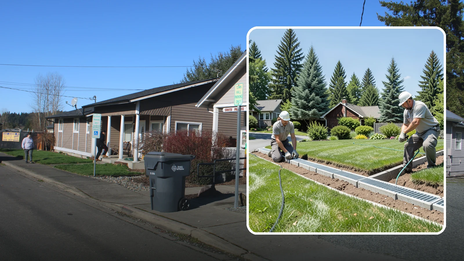 Trench Drain Installation in South Prairie, Pierce County, WA - We build wide trench drain systems to collect and divert high-volume runoff along driveways, walkways, and low-lying yard...