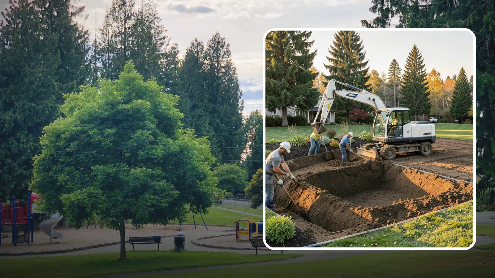 Trenching in Bonney Lake, Pierce County, WA - Clean, accurate trenching for irrigation, drainage, utilities, and lighting - dug to depth and restored.