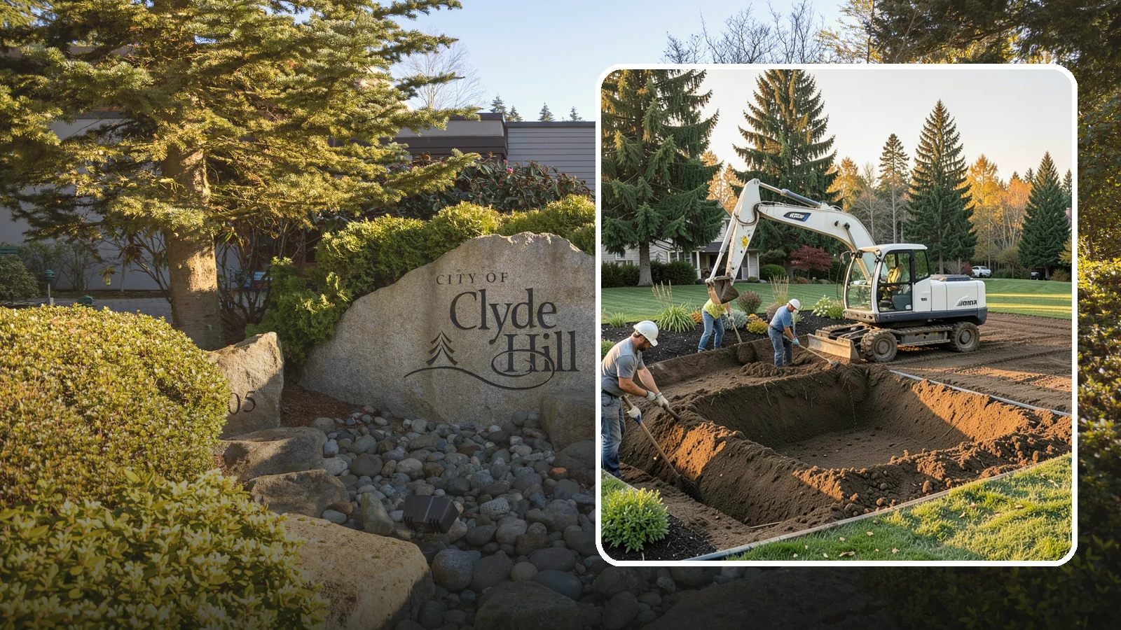 Trenching in Clyde Hill, King County, WA - Clean, accurate trenching for irrigation, drainage, utilities, and lighting - dug to depth and restored.