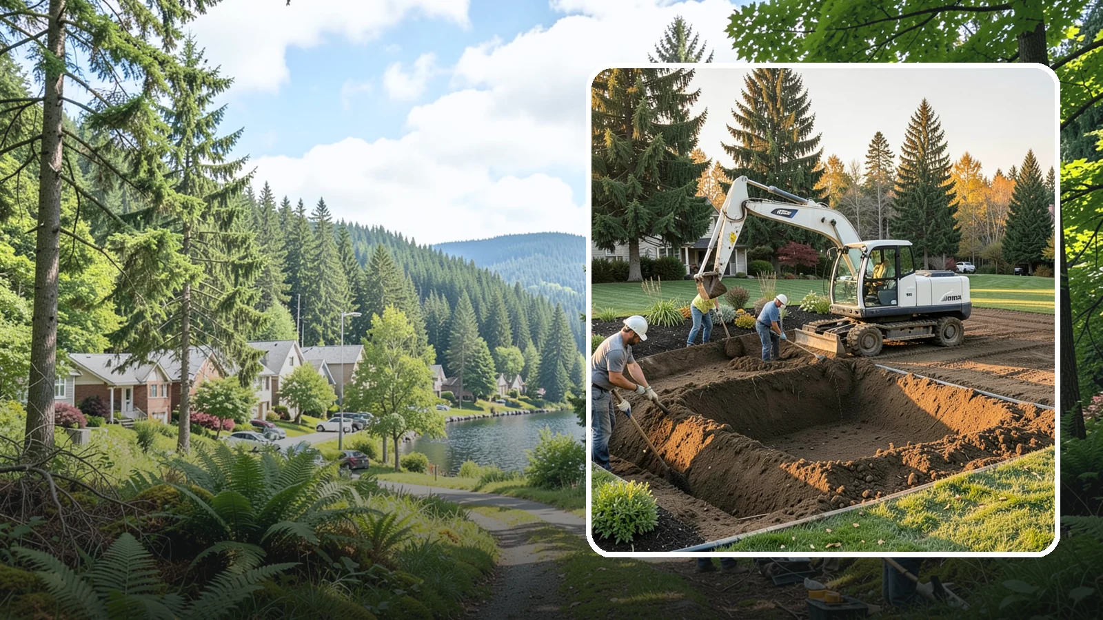 Trenching in Lake Forest Park, King County, WA - Clean, accurate trenching for irrigation, drainage, utilities, and lighting - dug to depth and restored.
