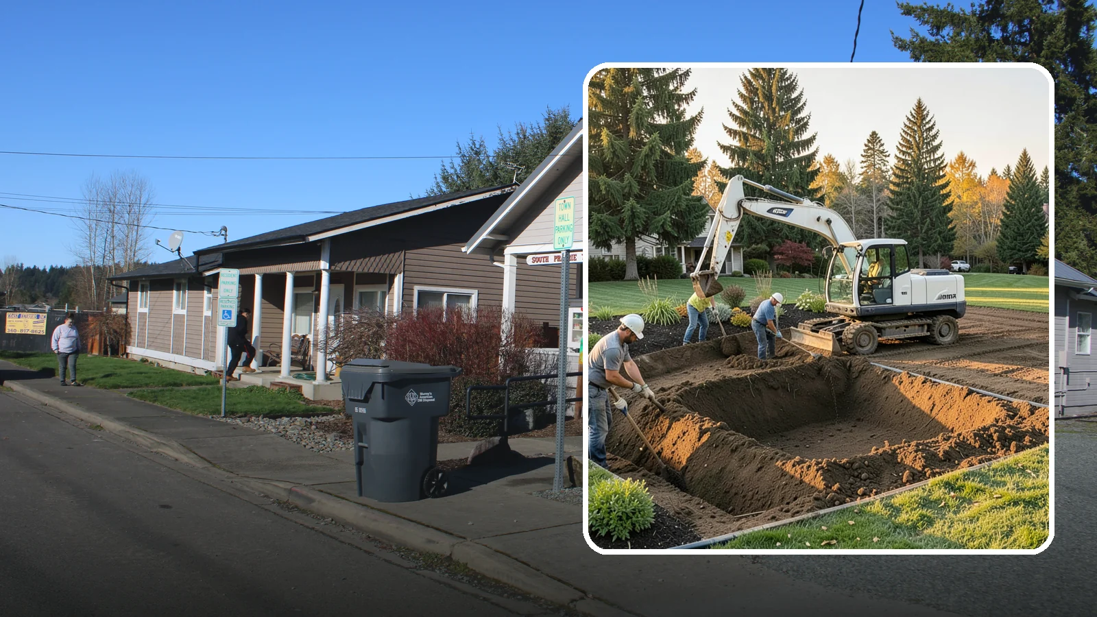 Trenching in South Prairie, Pierce County, WA - Clean, accurate trenching for irrigation, drainage, utilities, and lighting - dug to depth and restored.