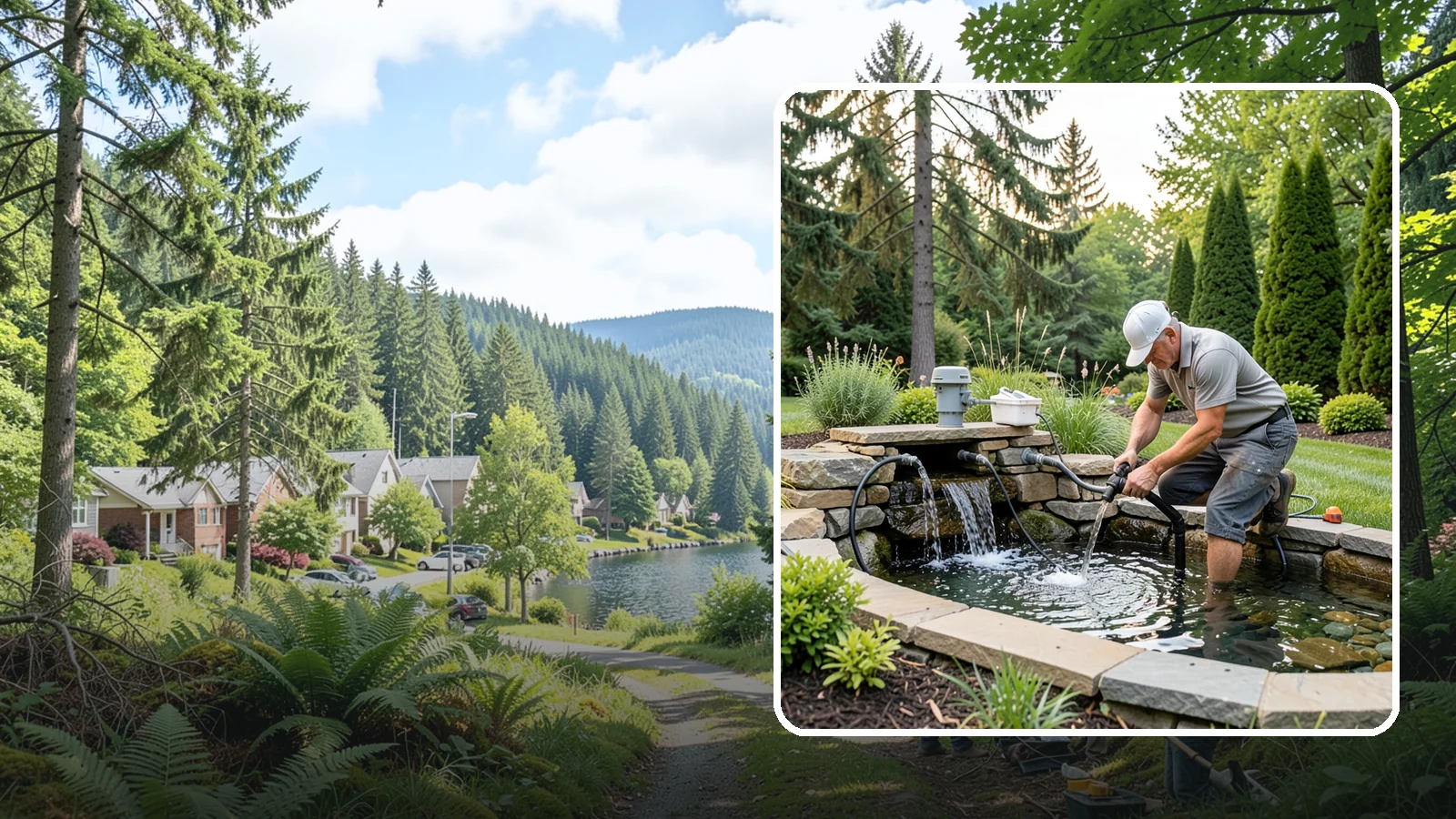 Water Feature Repair in Lake Forest Park, King County, WA - Repair of pumps, leaks, plumbing, and liners to get your water feature running clear and reliably again.