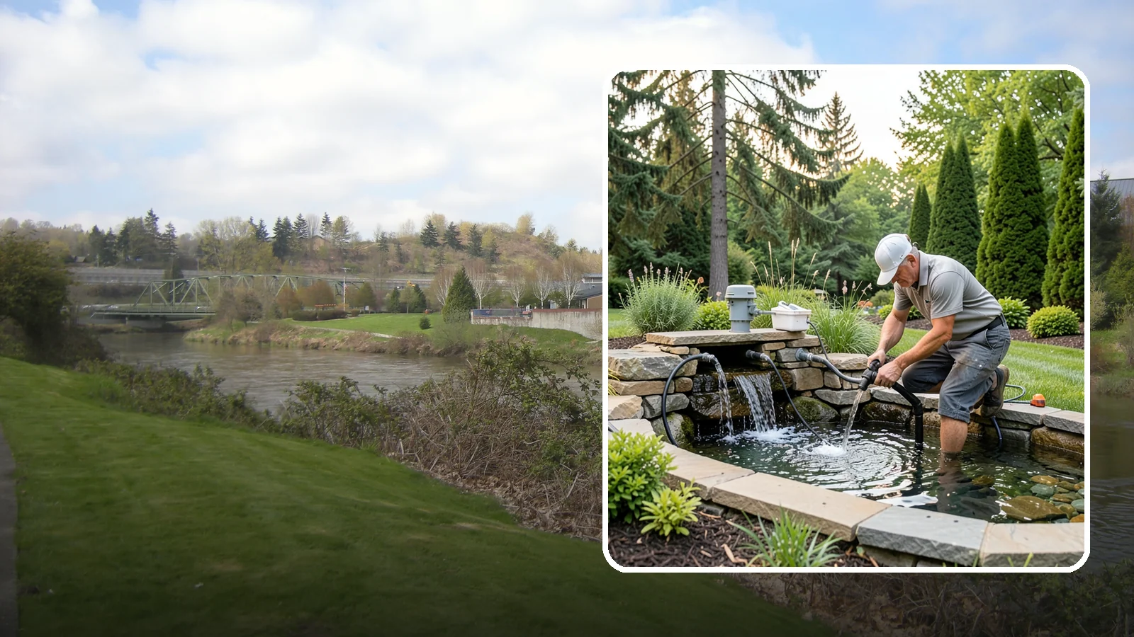 Water Feature Repair in Tukwila, King County, WA - Repair of pumps, leaks, plumbing, and liners to get your water feature running clear and reliably again.