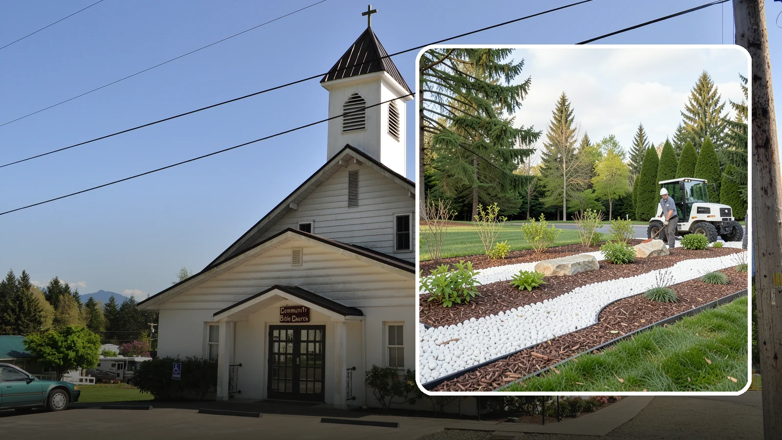White Decorative Rock Installation in Concrete, Skagit County, WA - Crisp white marble or limestone chips that brighten shaded beds and create clean, high-contrast borders.