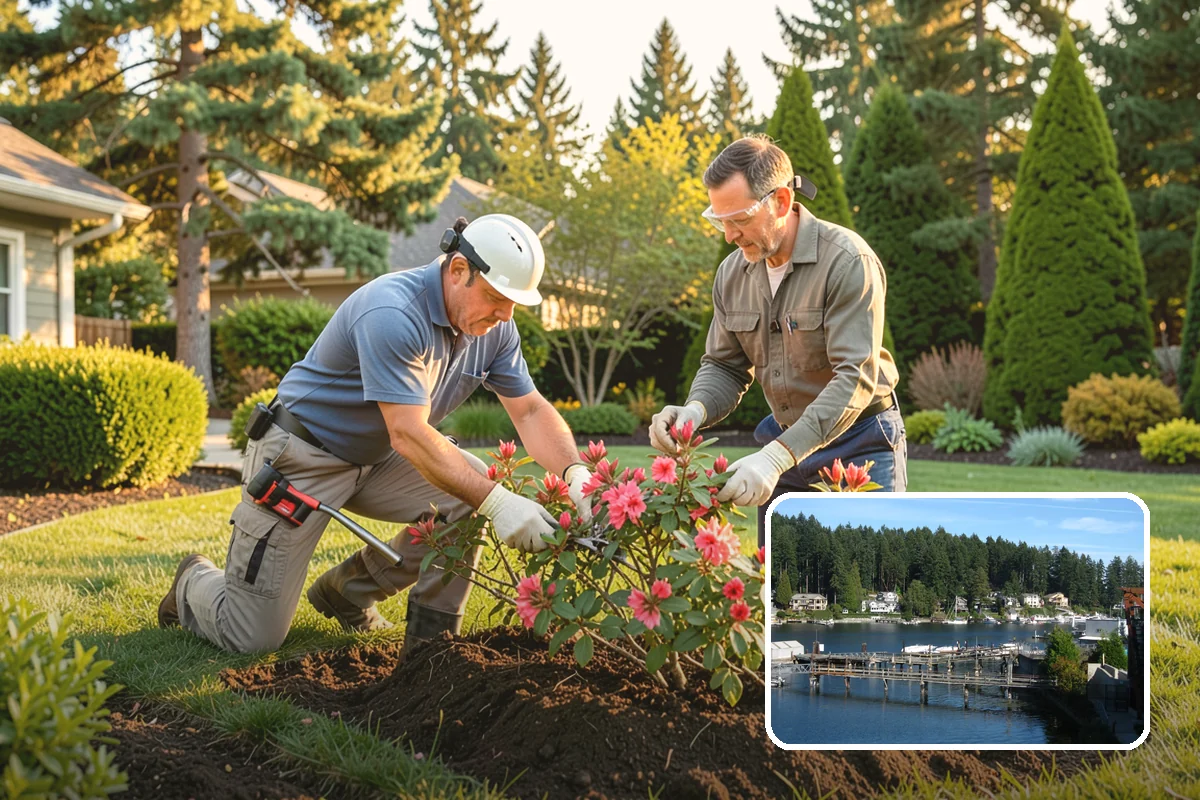 White Decorative Rock Installation in Gig Harbor, Pierce County, WA - Reflects light to brighten shaded, north-facing beds
