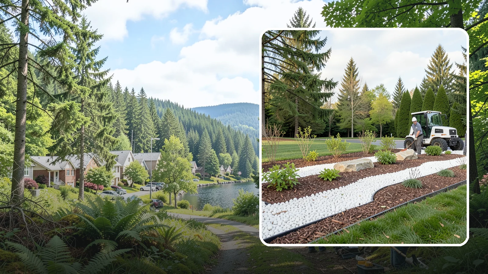 White Decorative Rock Installation in Lake Forest Park, King County, WA - Crisp white marble or limestone chips that brighten shaded beds and create clean, high-contrast borders.