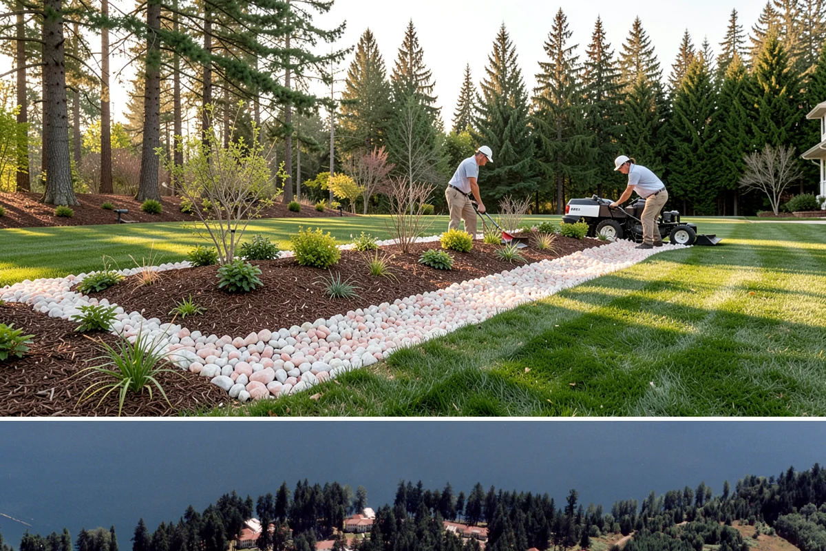 White Decorative Rock Installation in Lakewood, Pierce County, WA - White rock can be installed year-round, though placing it in drier months helps keep the light stone clean during the work.