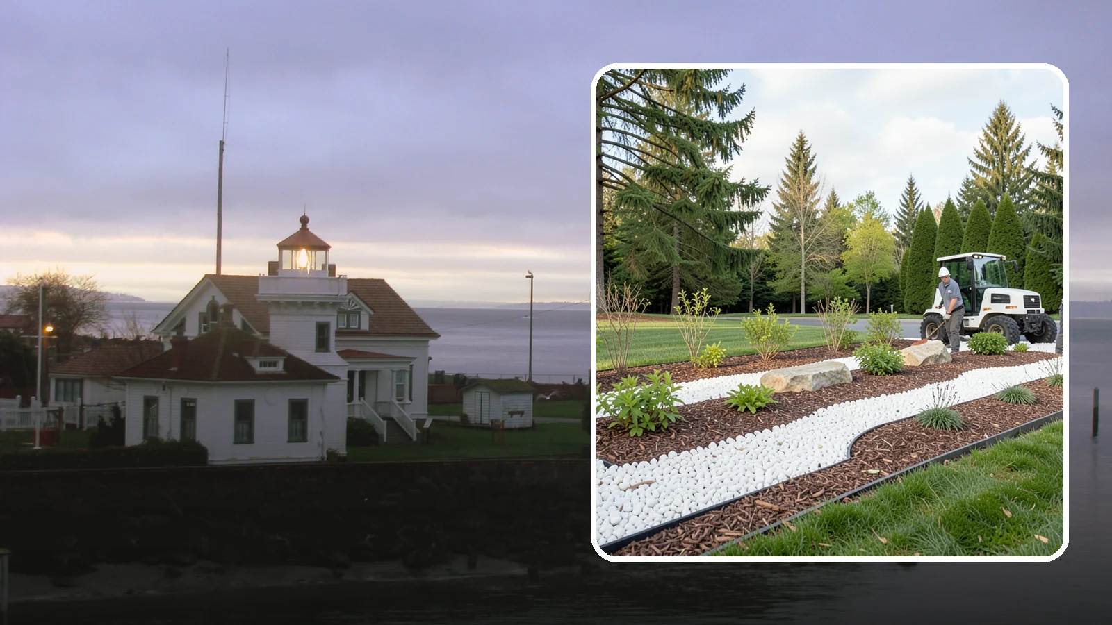 White Decorative Rock Installation in Mukilteo, Snohomish County, WA - Crisp white marble or limestone chips that brighten shaded beds and create clean, high-contrast borders.