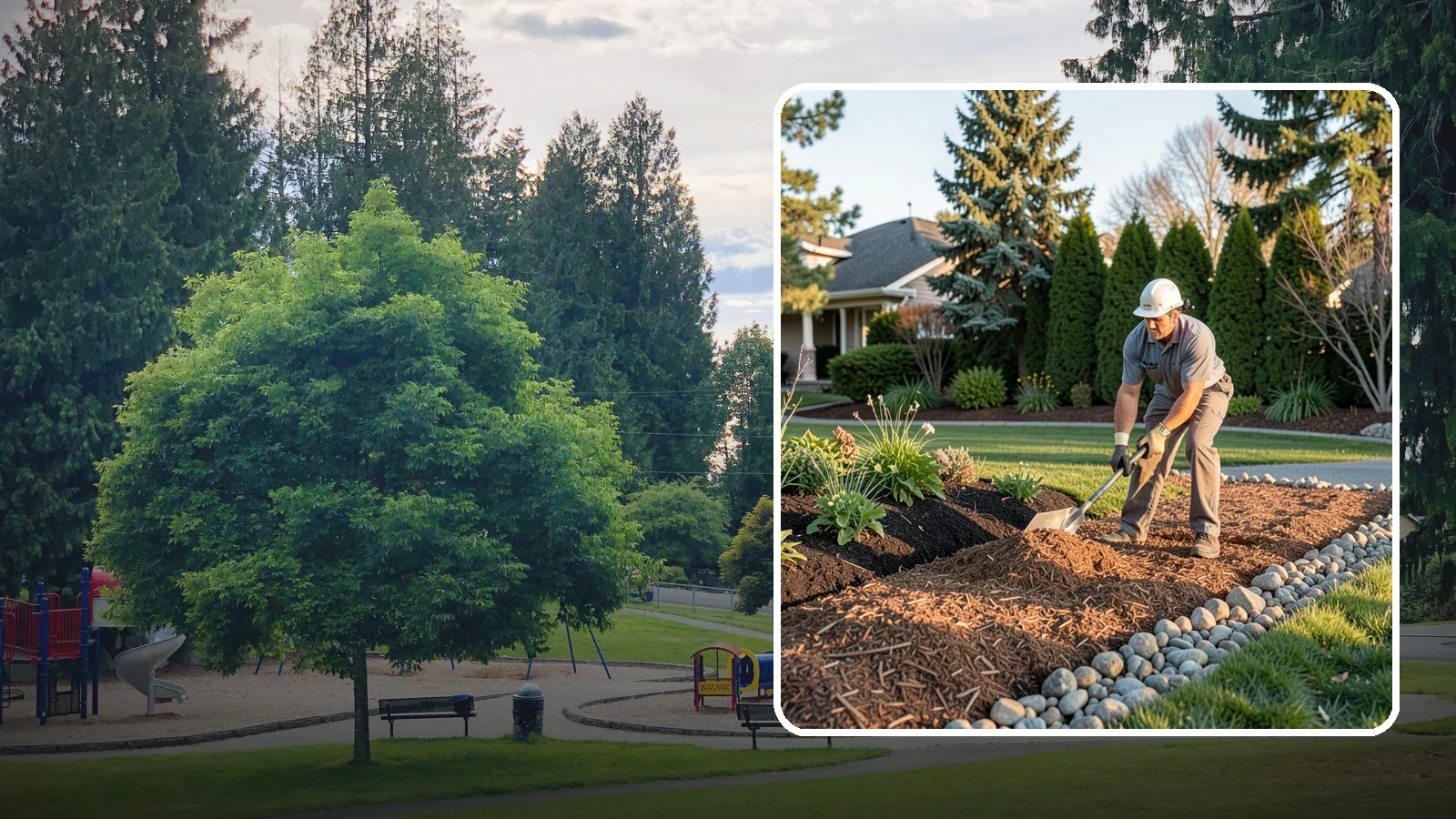 Wood Chip Spreading in Bonney Lake, Pierce County, WA - Natural wood chips and arborist chips spread on paths, beds, and play areas for a rugged, economical cover.