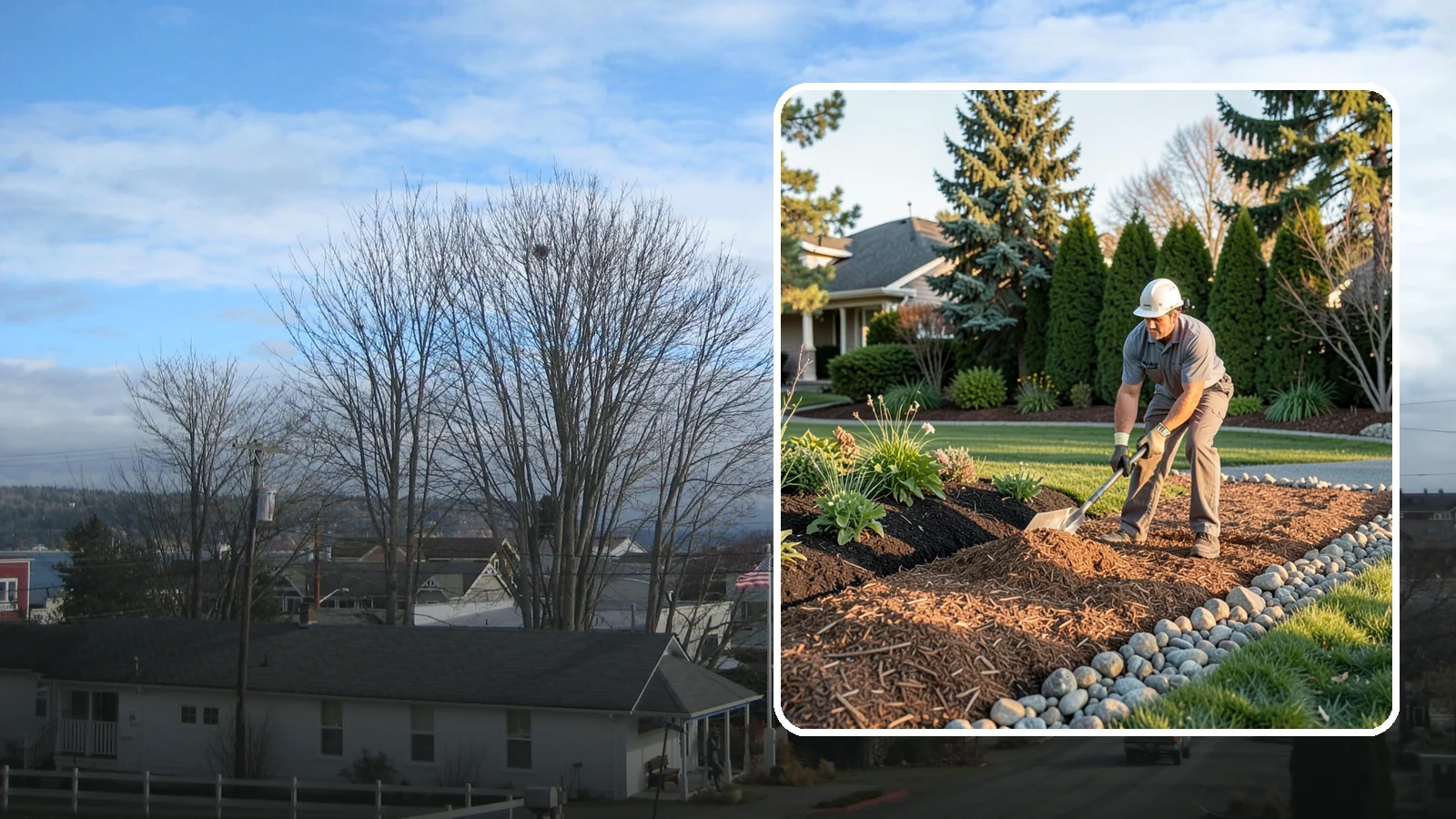Wood Chip Spreading in Langley, Island County, WA - Natural wood chips and arborist chips spread on paths, beds, and play areas for a rugged, economical cover.