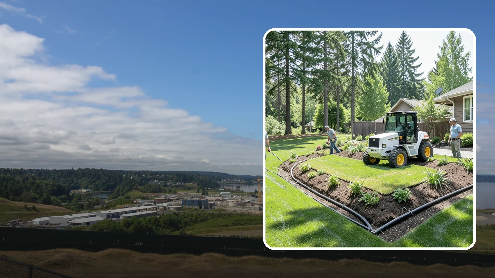 Yard Drainage Correction in University Place, Pierce County, WA - We correct overall yard drainage by reshaping grade and installing drains so water flows away from structures instead of pooling.