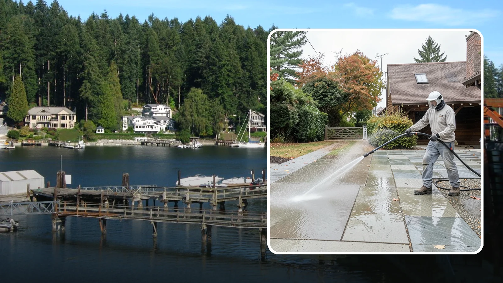Aggregate Driveway Cleaning in Gig Harbor, Pierce County, WA - Careful cleaning of exposed aggregate driveways that clears grime from the textured stone surface without loosening it.