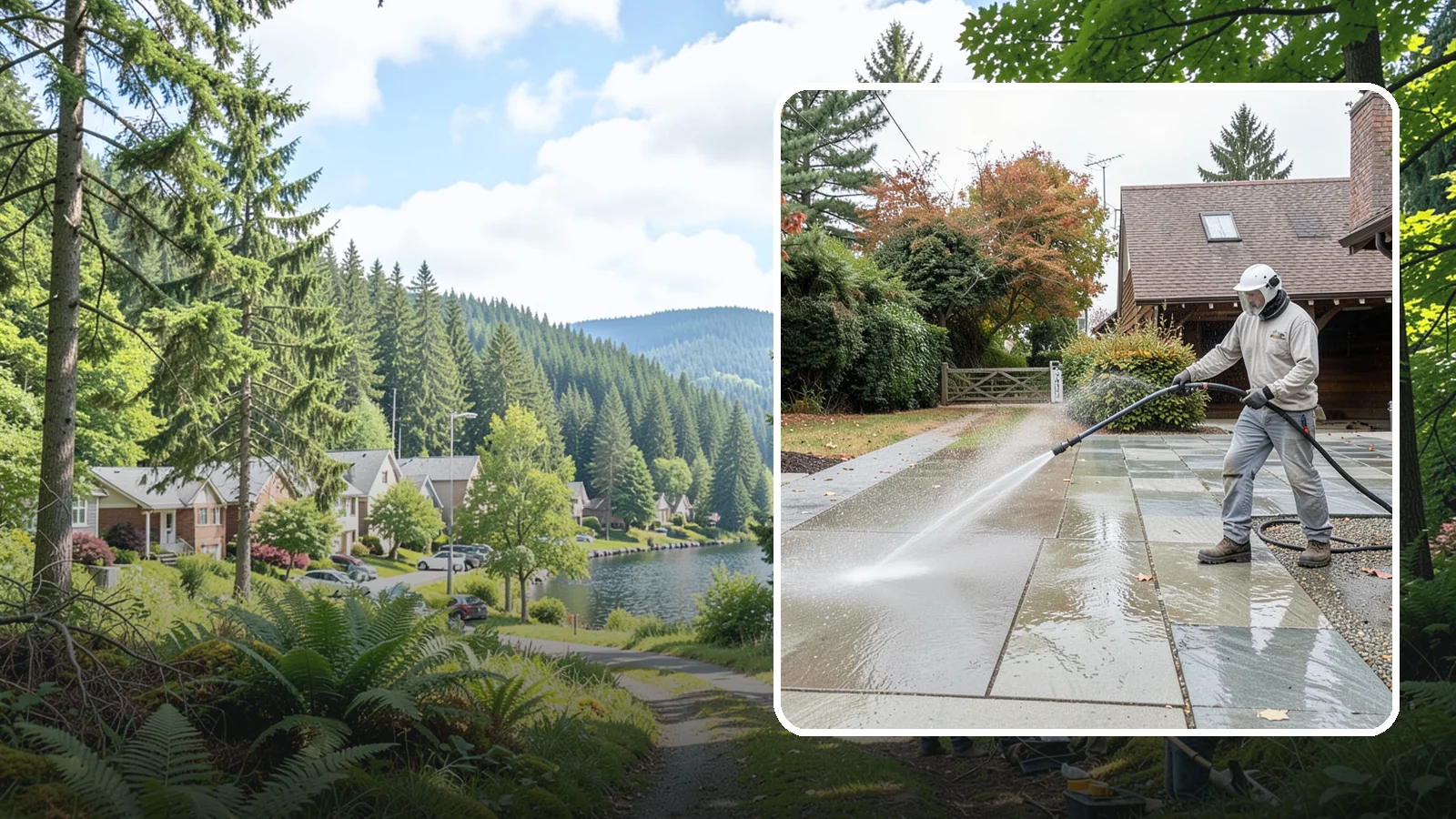 Aggregate Driveway Cleaning in Lake Forest Park, King County, WA - Careful cleaning of exposed aggregate driveways that clears grime from the textured stone surface without loosening it.