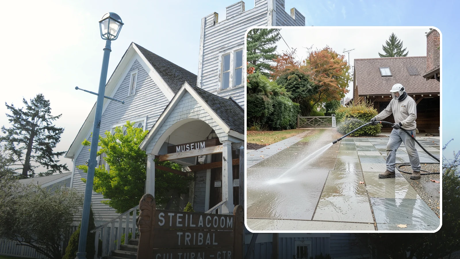 Aggregate Driveway Cleaning in Steilacoom, Pierce County, WA - Careful cleaning of exposed aggregate driveways that clears grime from the textured stone surface without loosening it.