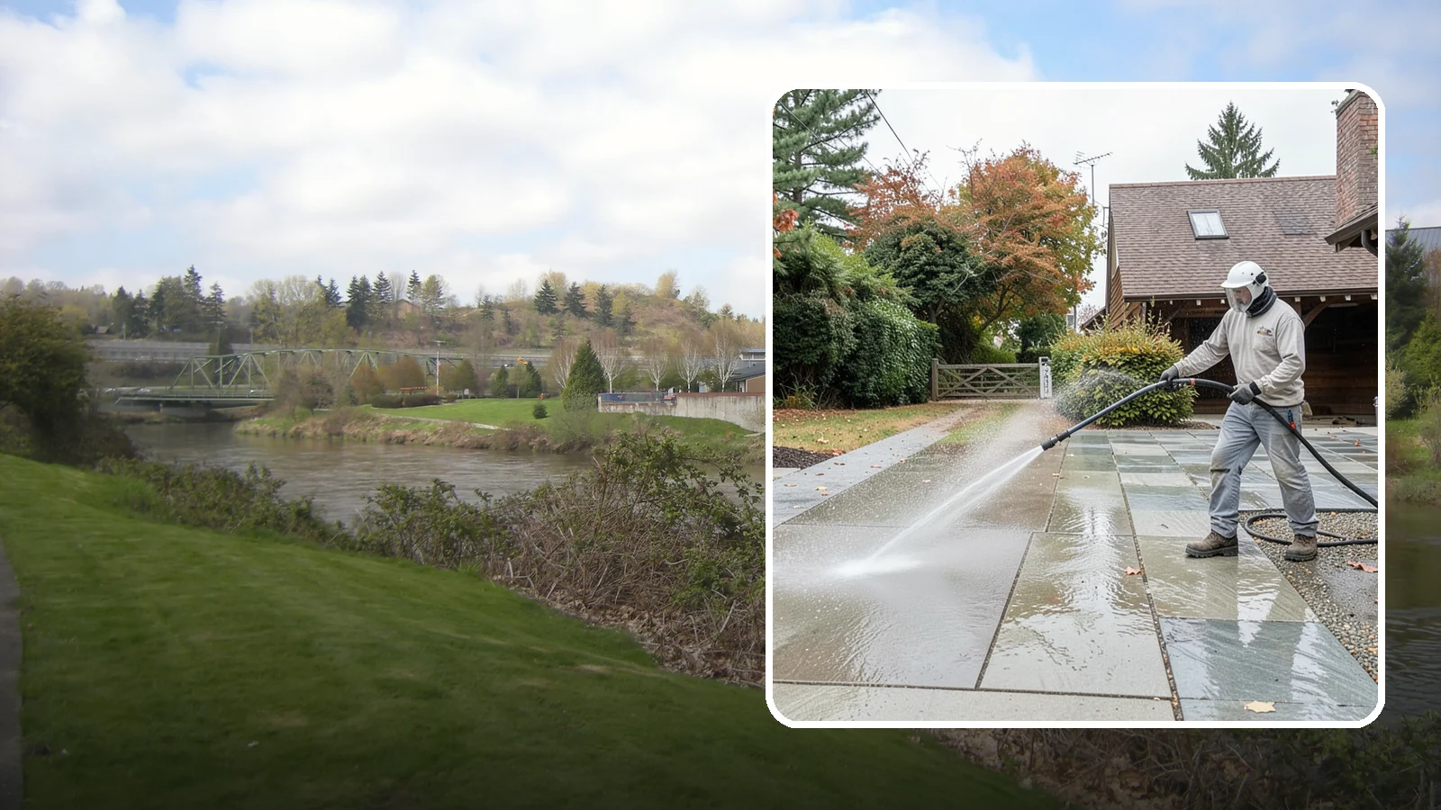 Aggregate Driveway Cleaning in Tukwila, King County, WA - Careful cleaning of exposed aggregate driveways that clears grime from the textured stone surface without loosening it.