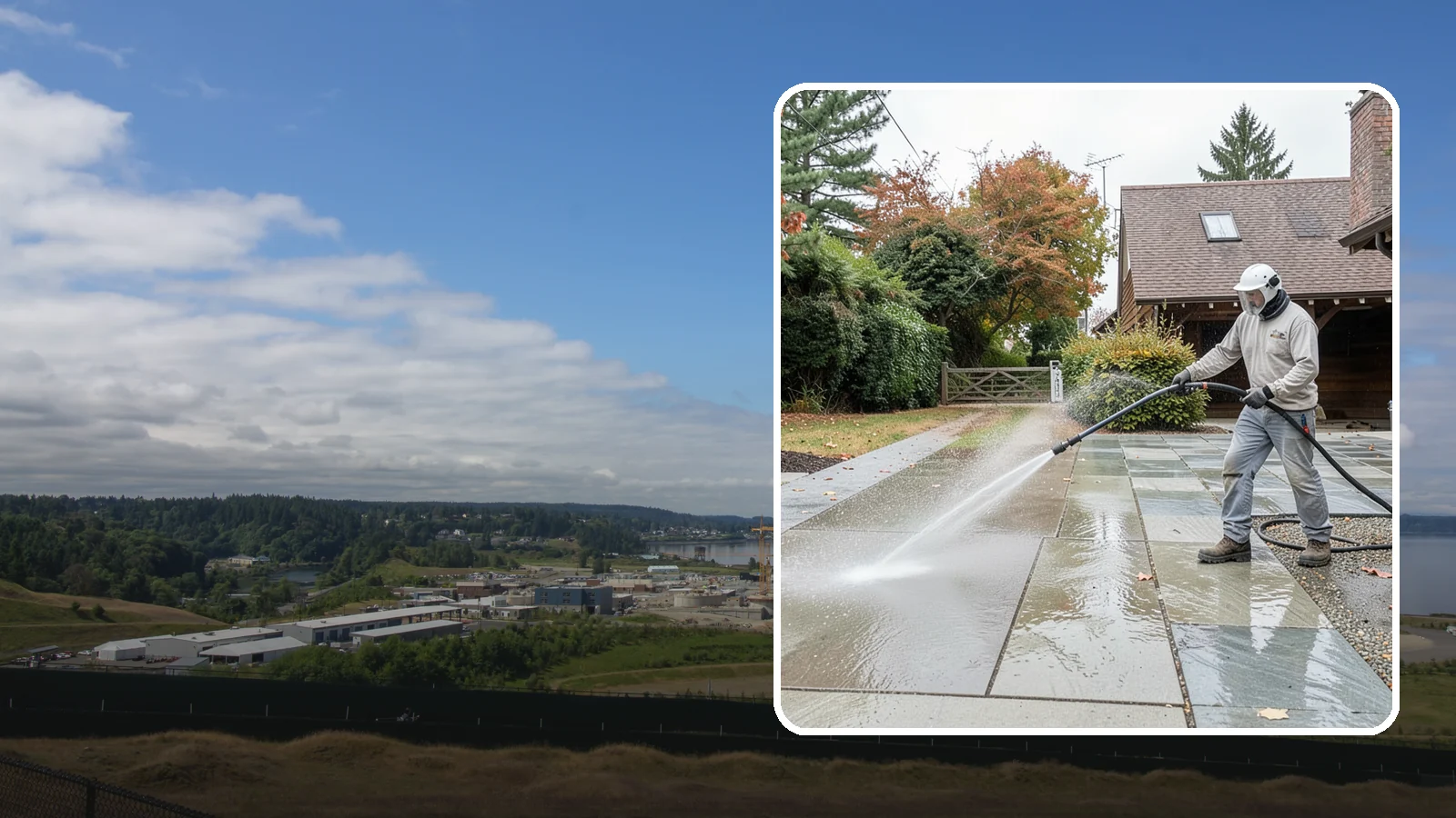Aggregate Driveway Cleaning in University Place, Pierce County, WA - Careful cleaning of exposed aggregate driveways that clears grime from the textured stone surface without loosening it.