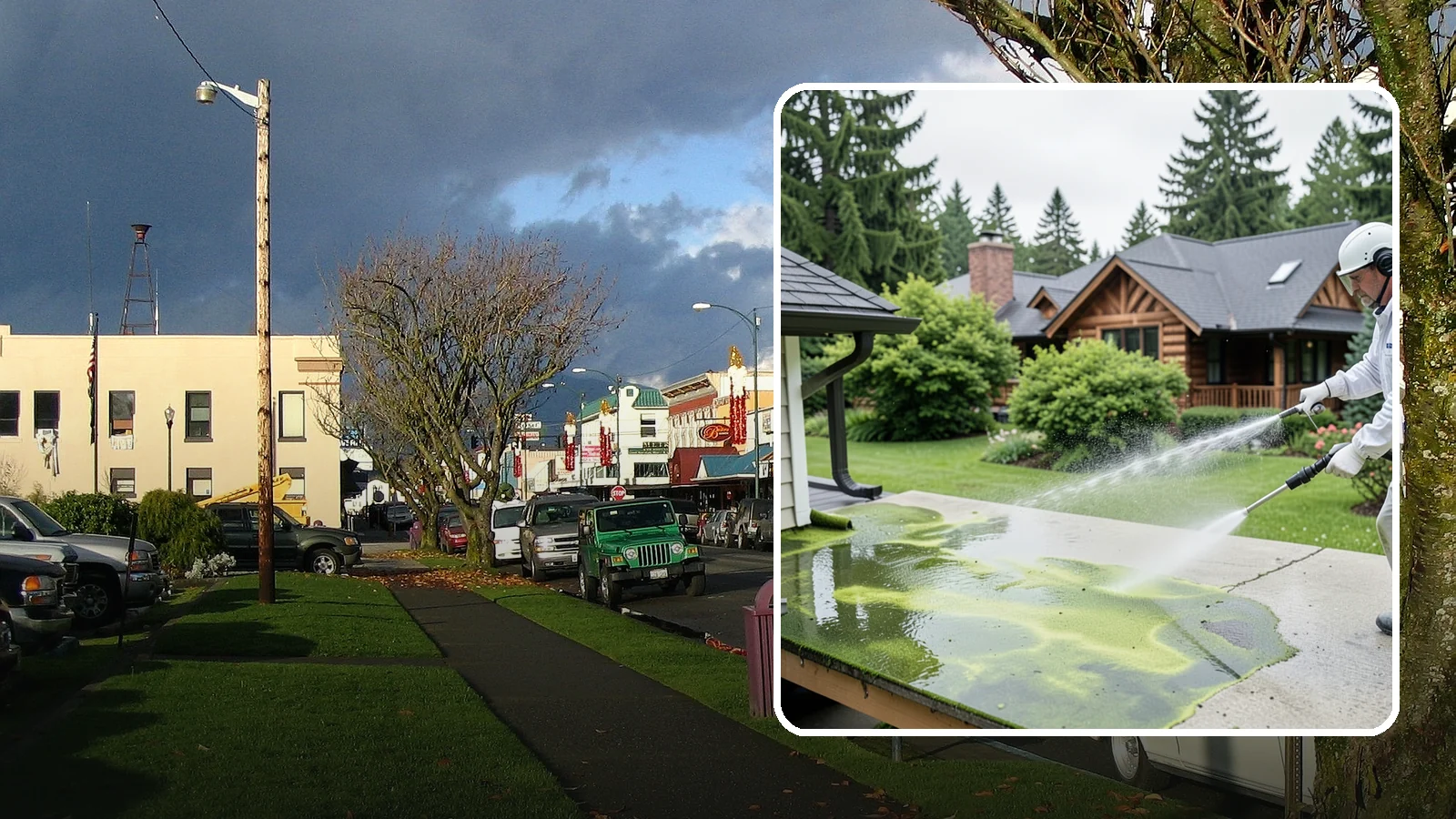 Algae Removal in Arlington, Snohomish County, WA - Soft-wash algae removal that lifts the green film coating siding, roofs, decks, and concrete across shaded properties.