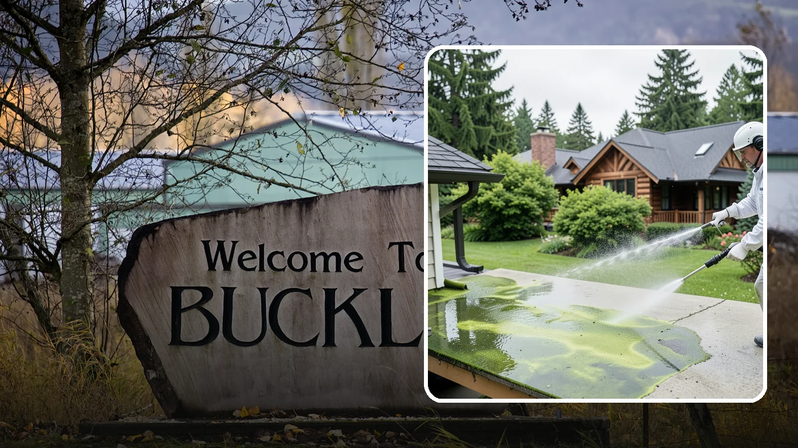 Algae Removal in Buckley, Pierce County, WA - Soft-wash algae removal that lifts the green film coating siding, roofs, decks, and concrete across shaded properties.