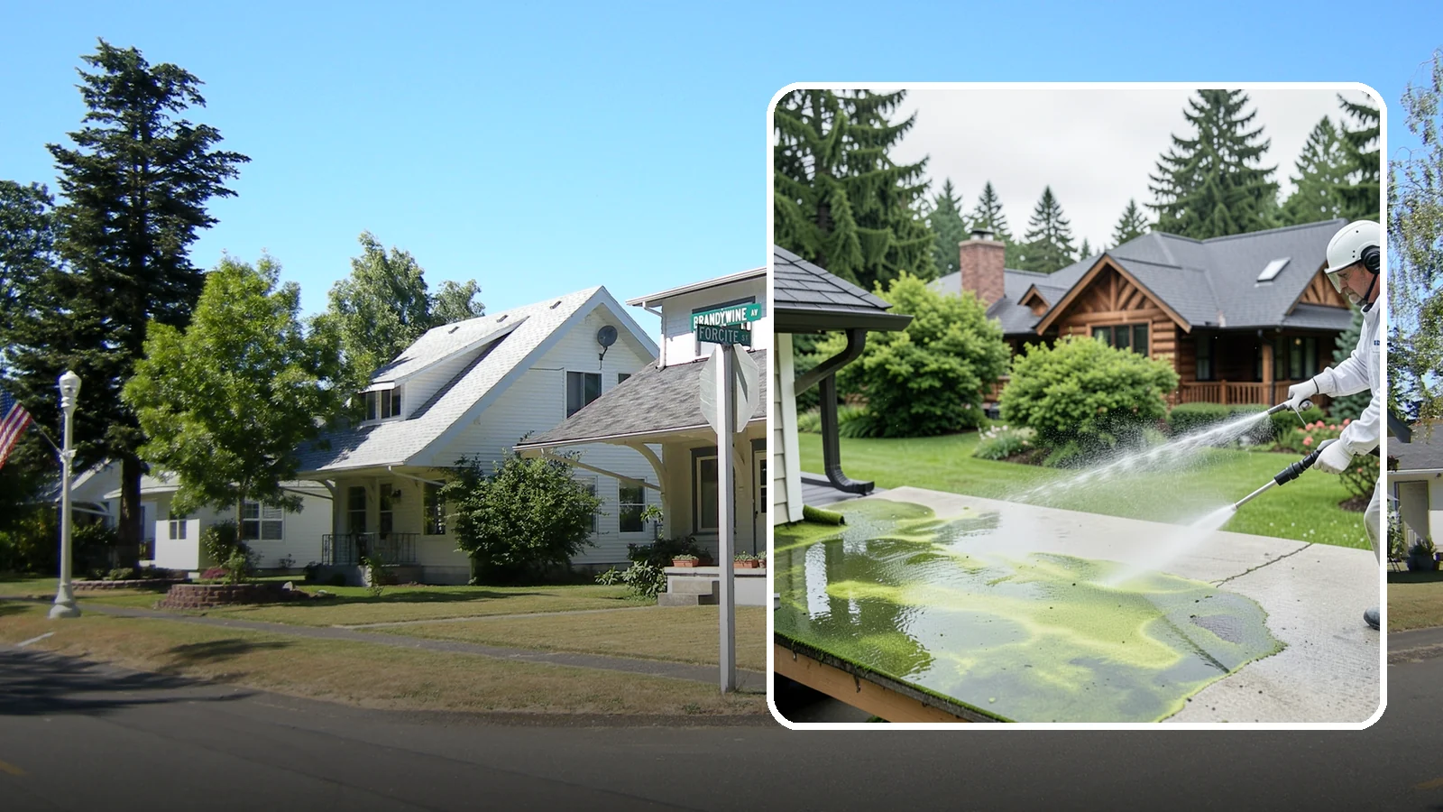 Algae Removal in DuPont, Pierce County, WA - Soft-wash algae removal that lifts the green film coating siding, roofs, decks, and concrete across shaded properties.